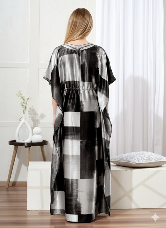 Black & White Abstract Satin Kaftan