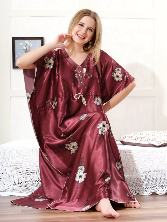 Maroon Floral Satin Kaftan