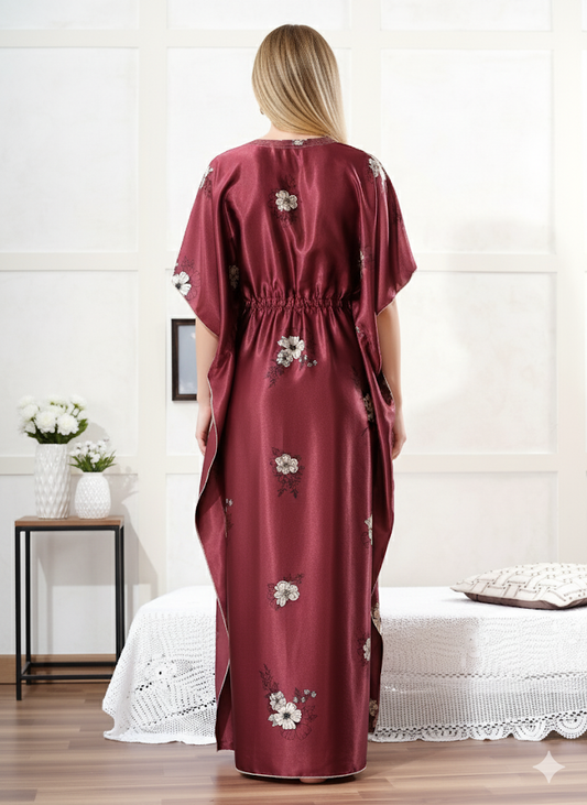 Maroon Floral Satin Kaftan
