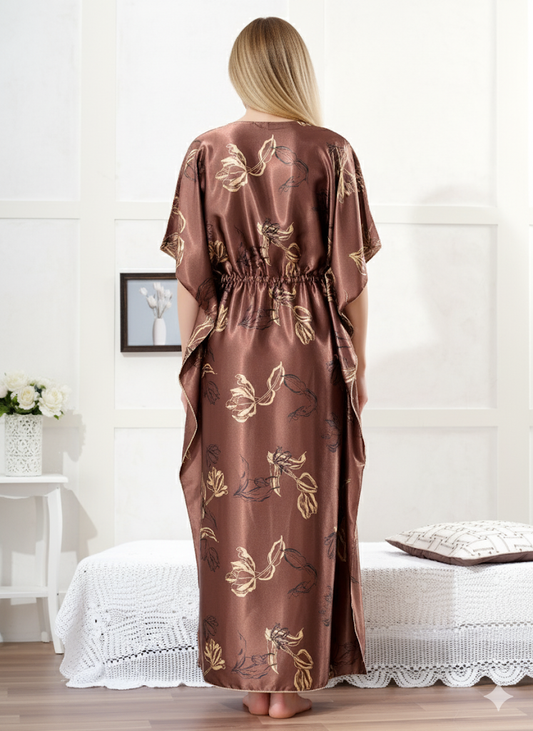 Brown Floral Satin Kaftan