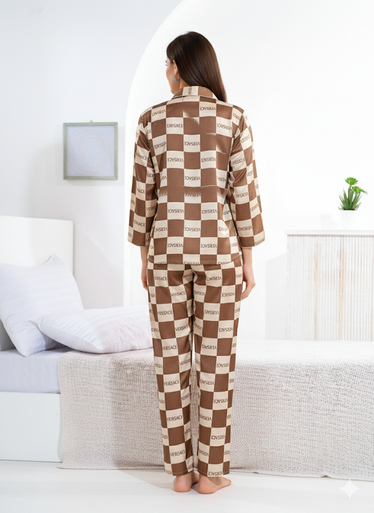 Brown & Beige Satin Collar Nightsuit