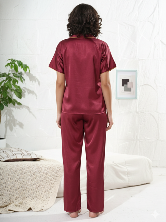 Maroon Luxe Satin Night Suit