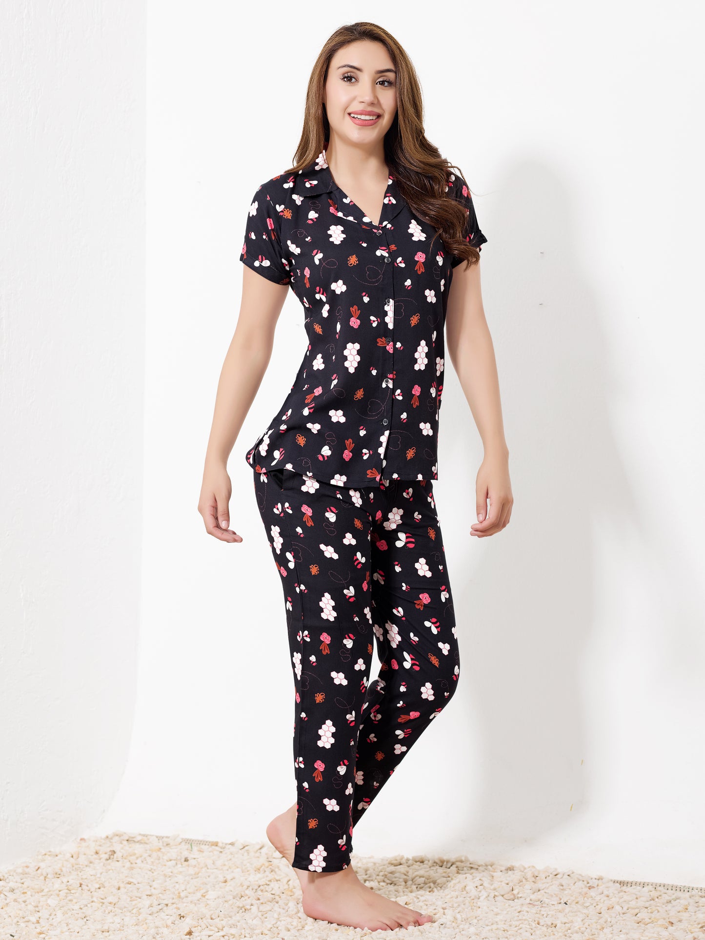 Black Bee Printed Night Suit