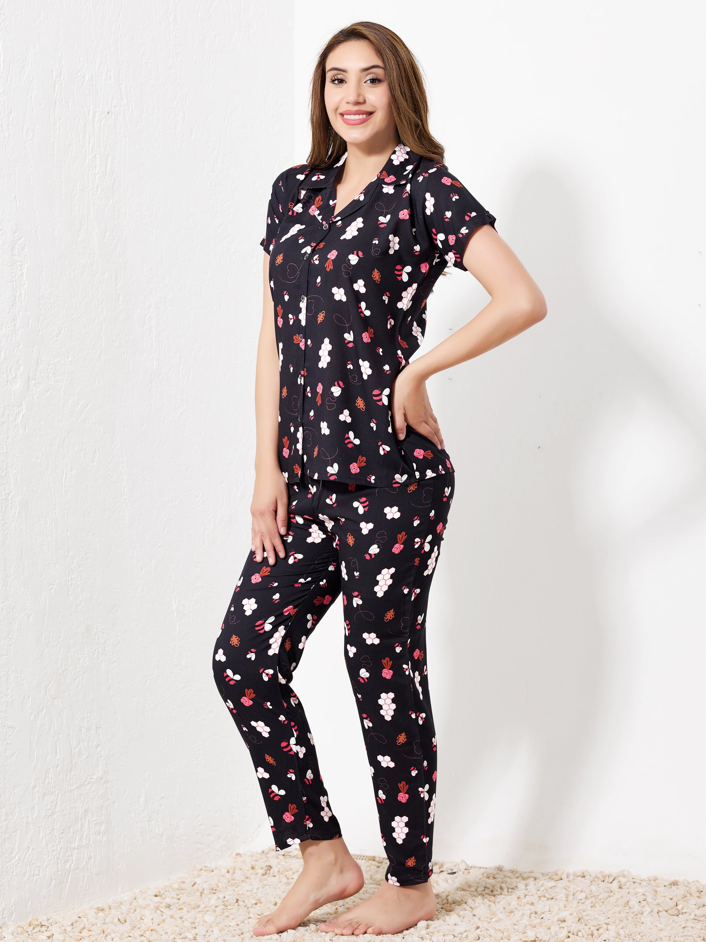Black Bee Printed Night Suit