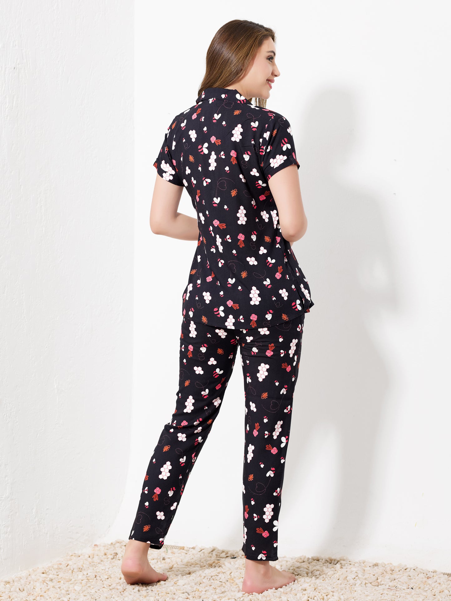Black Bee Printed Night Suit