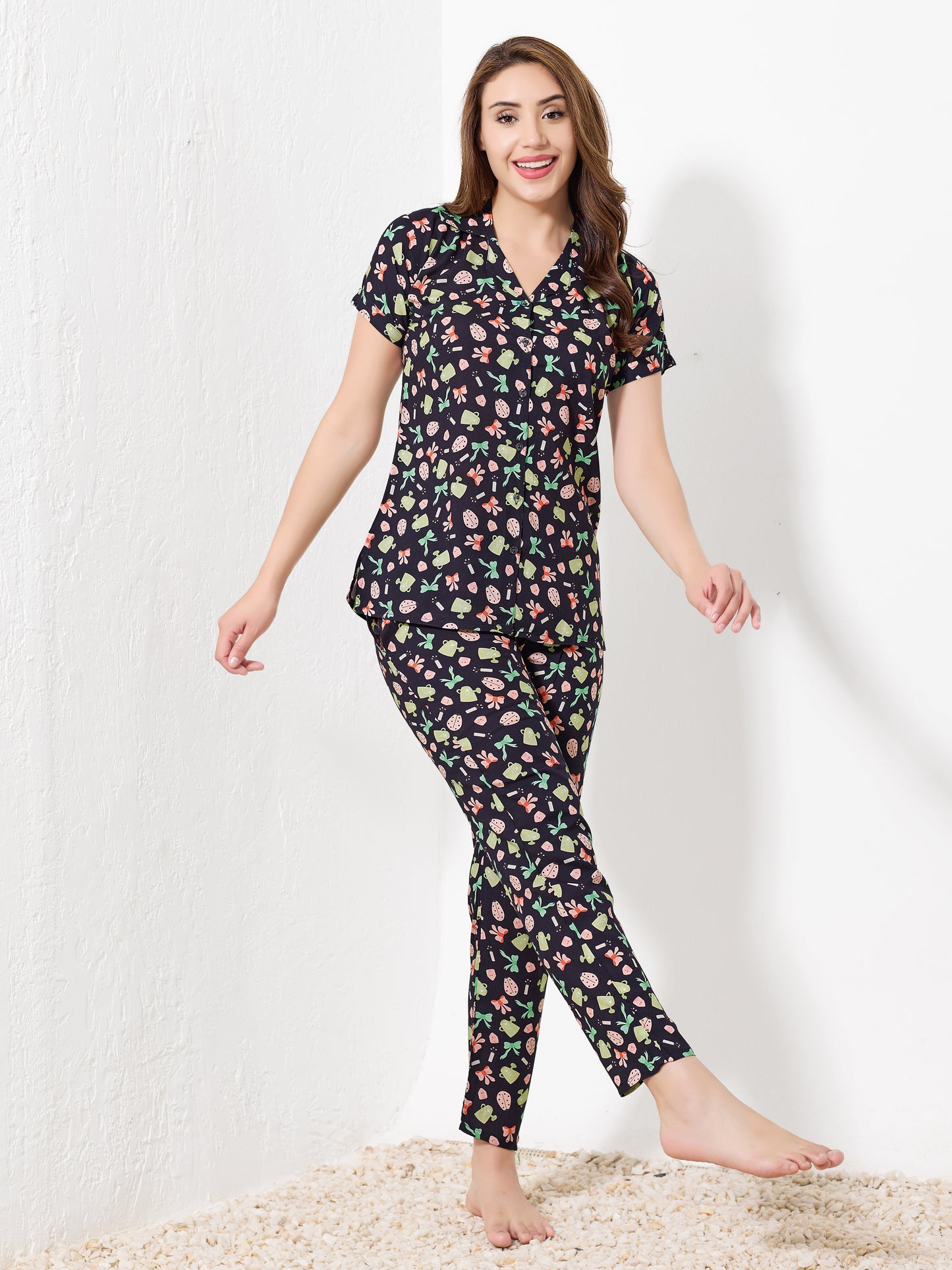 Black garden Printed Night Suit