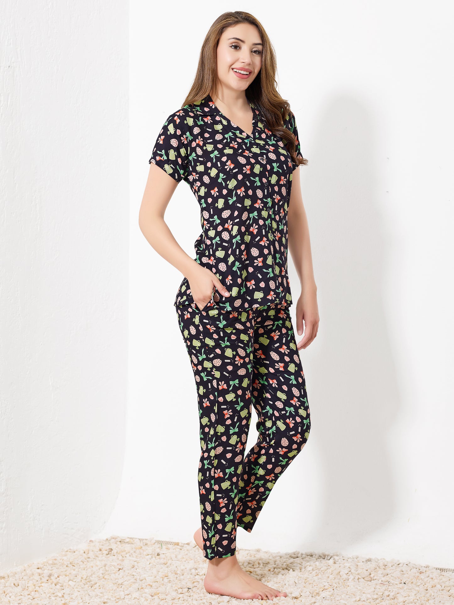 Black garden Printed Night Suit