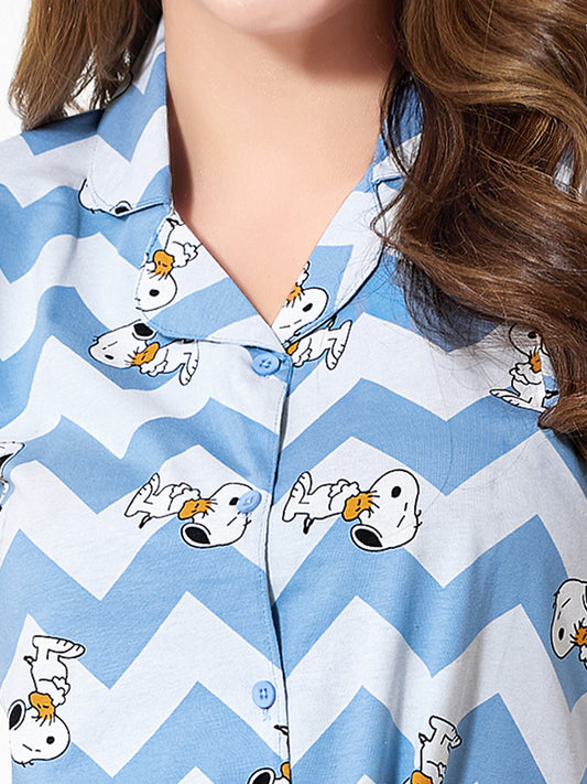 Blue Zig Zag Night Suit | Women's Printed Cotton Nightwear for Relaxed Comfort