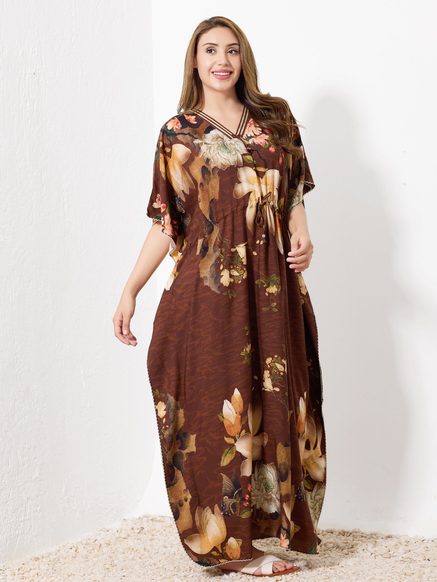 Brown with Beige Floral Kaftan