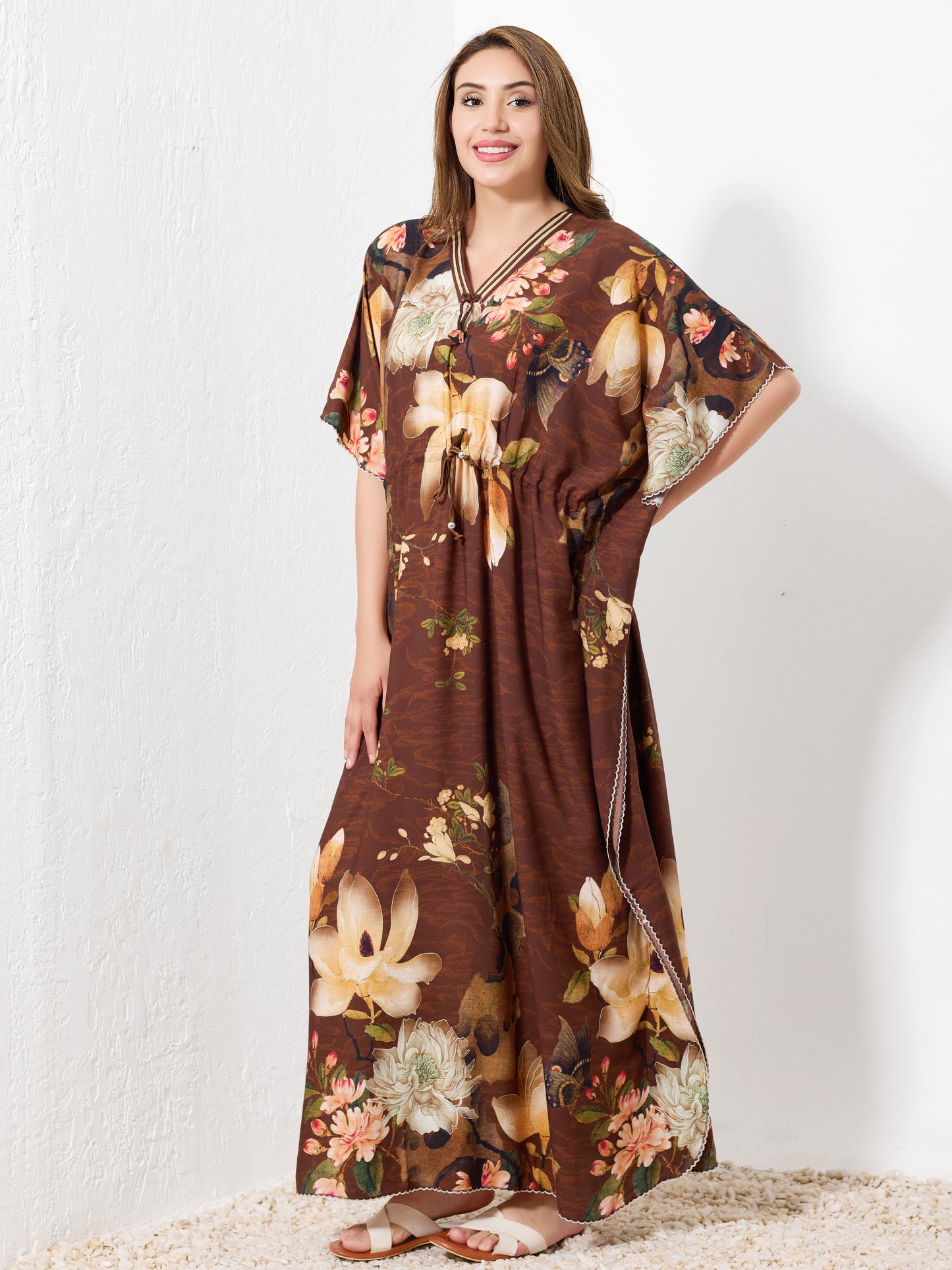 Brown with Beige Floral Kaftan