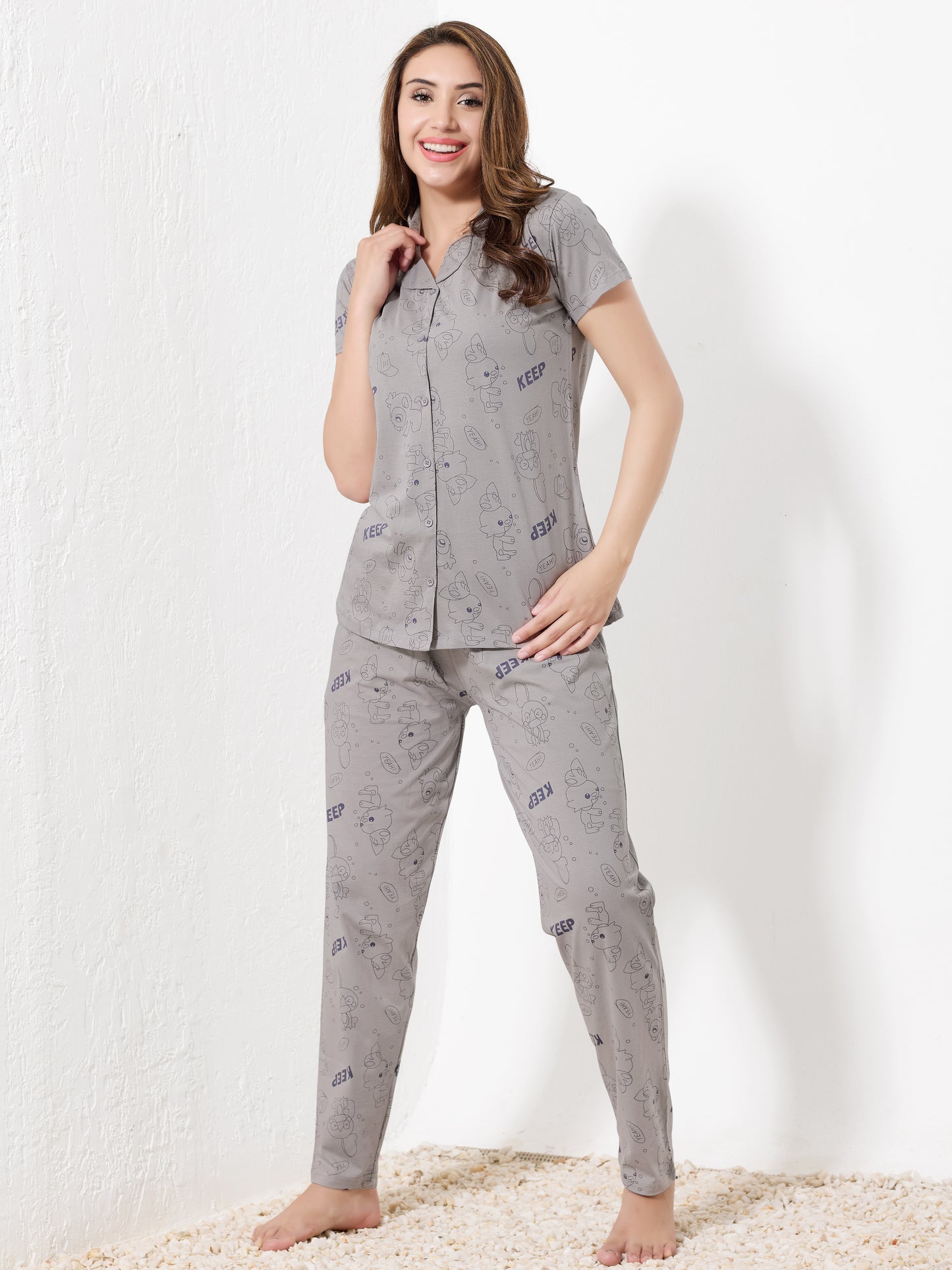 Grey Doodle Print Night Suit