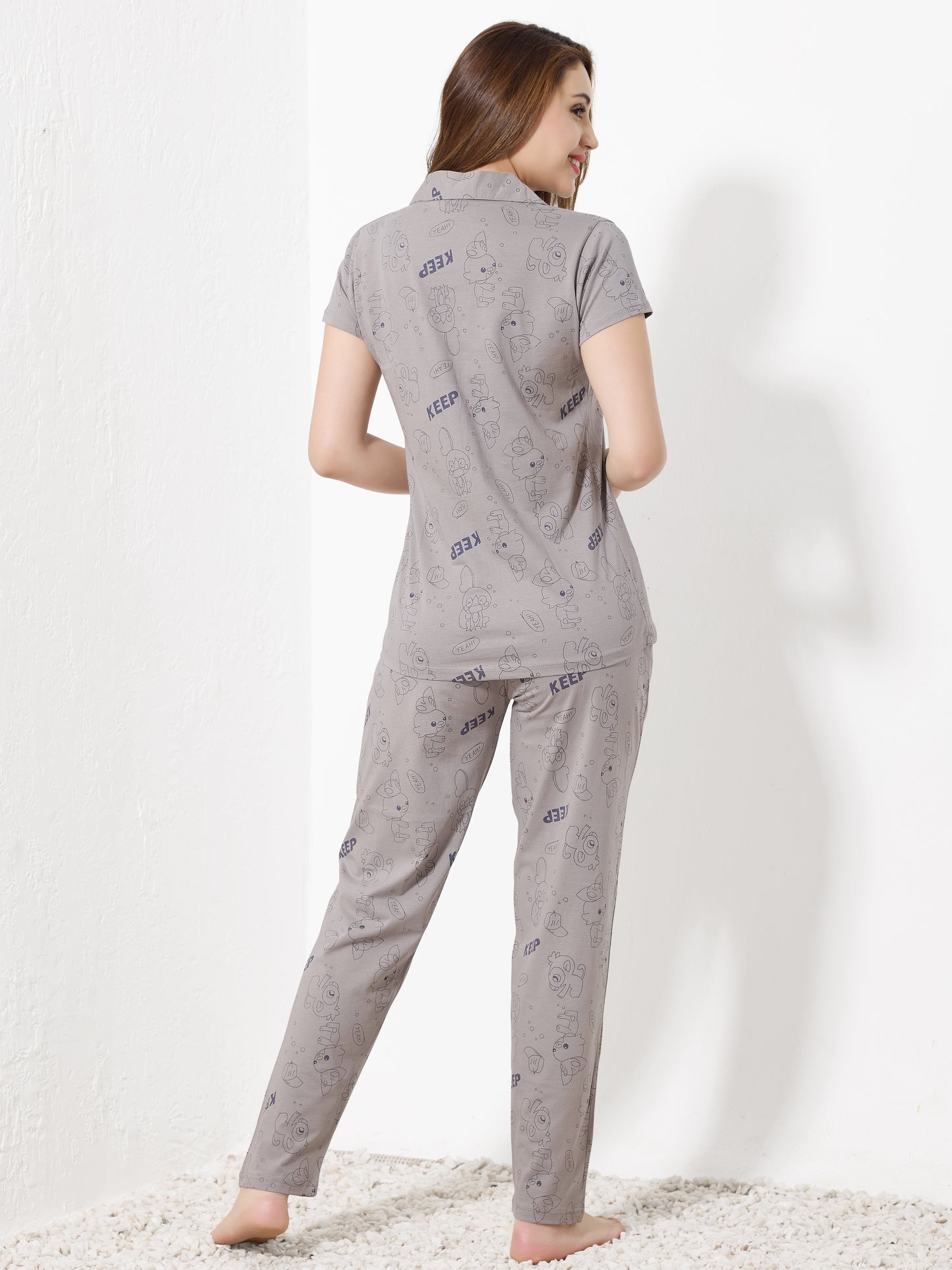 Grey Doodle Print Night Suit