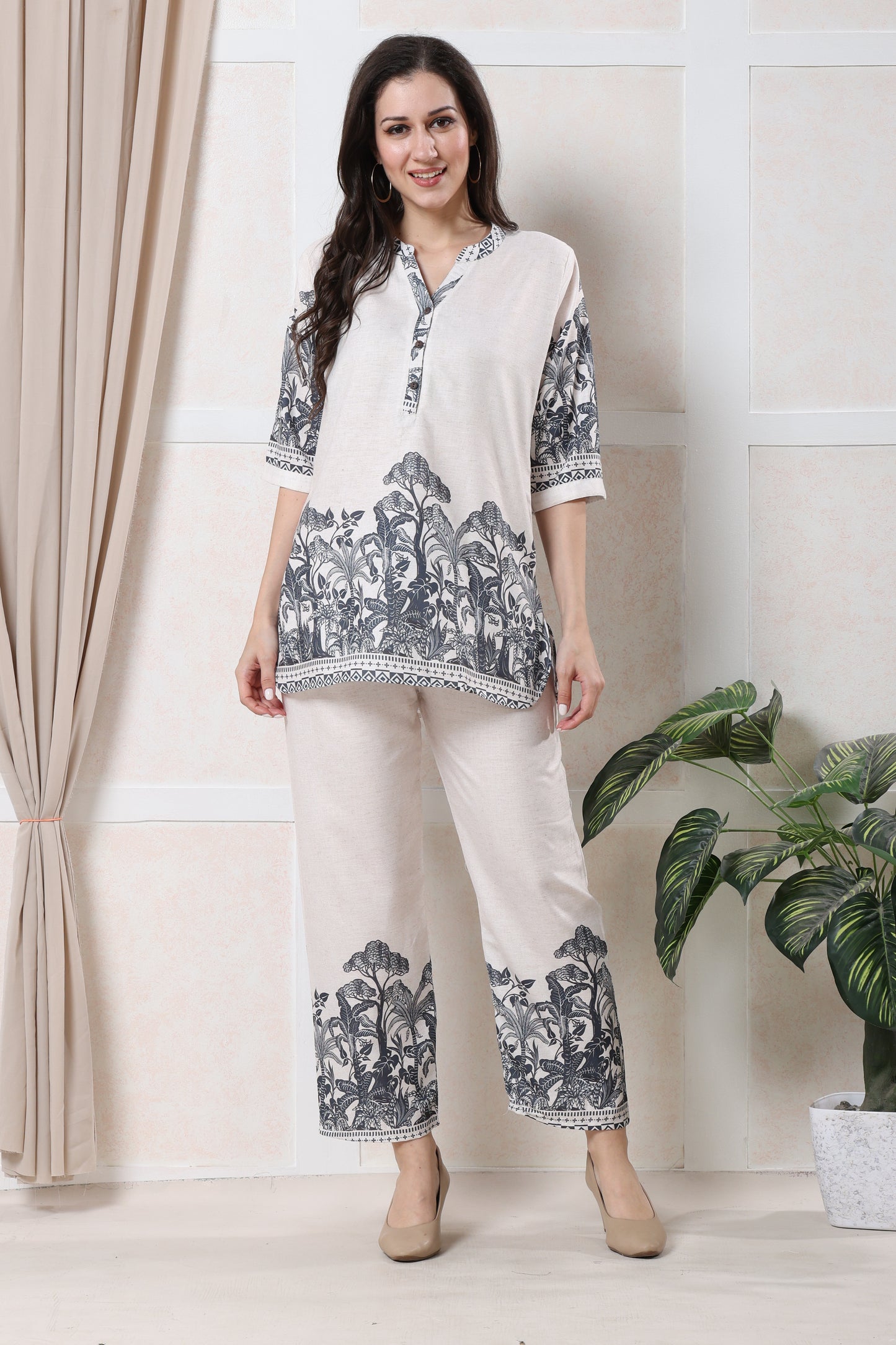 Beige with Deep Gray Floral Print Linen Co-ord Set