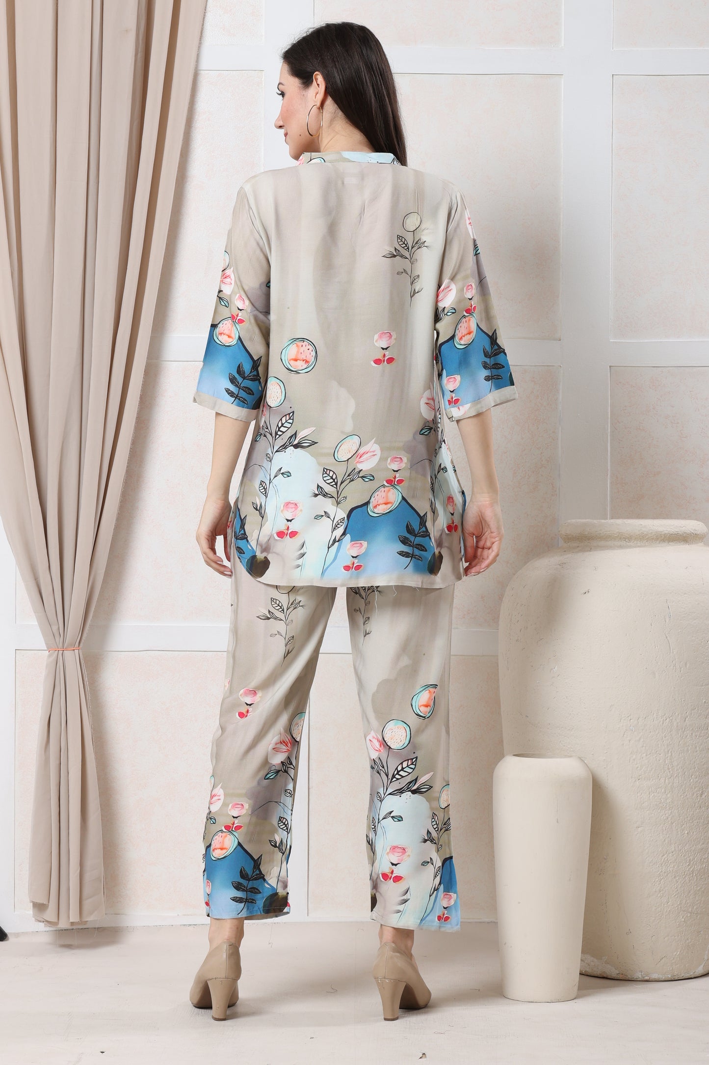 Beige with Blue & Pink Floral Print Linen Co-ord Set