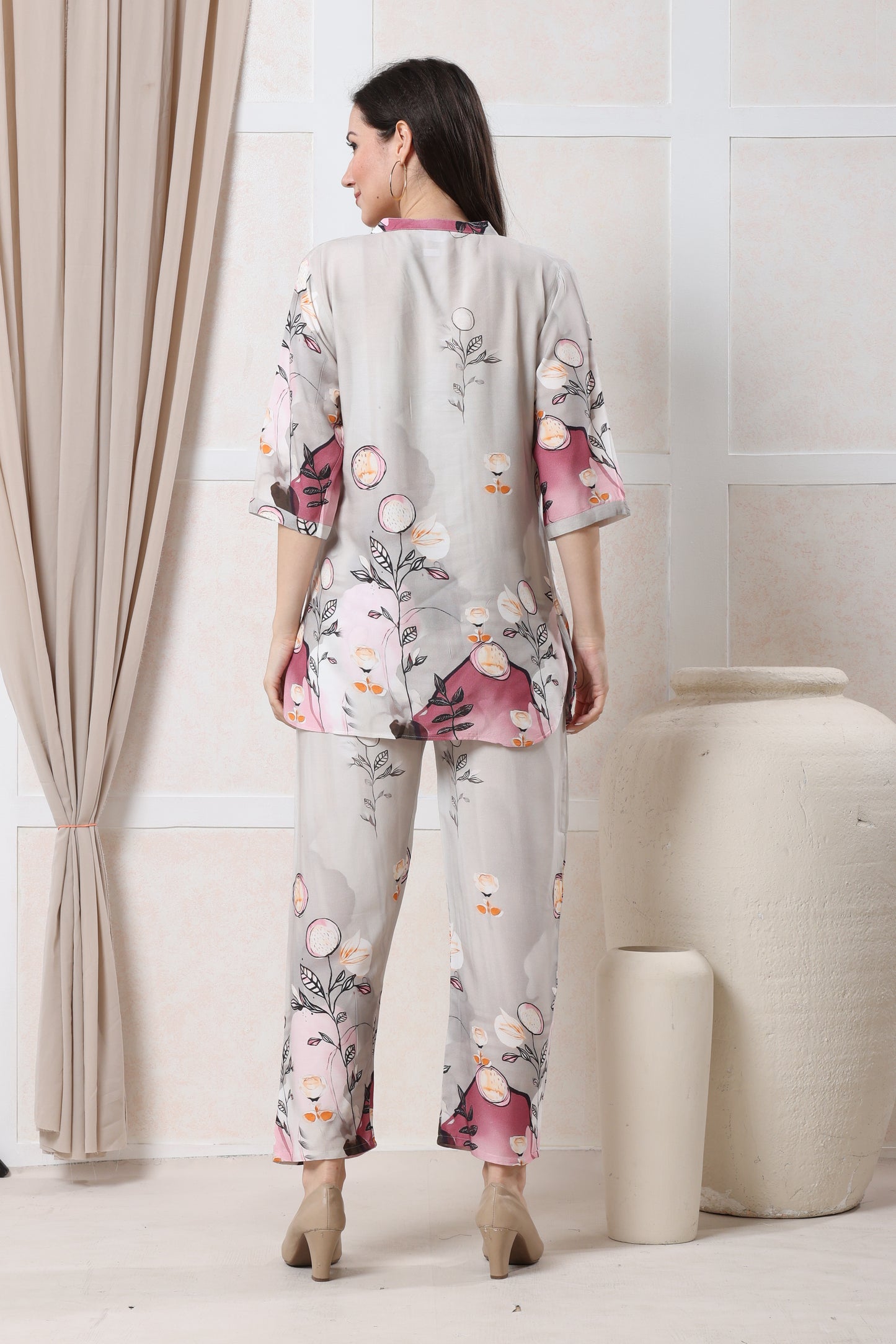 Light Grey with Pink & Peach Floral Print Rayon Co-ord Set