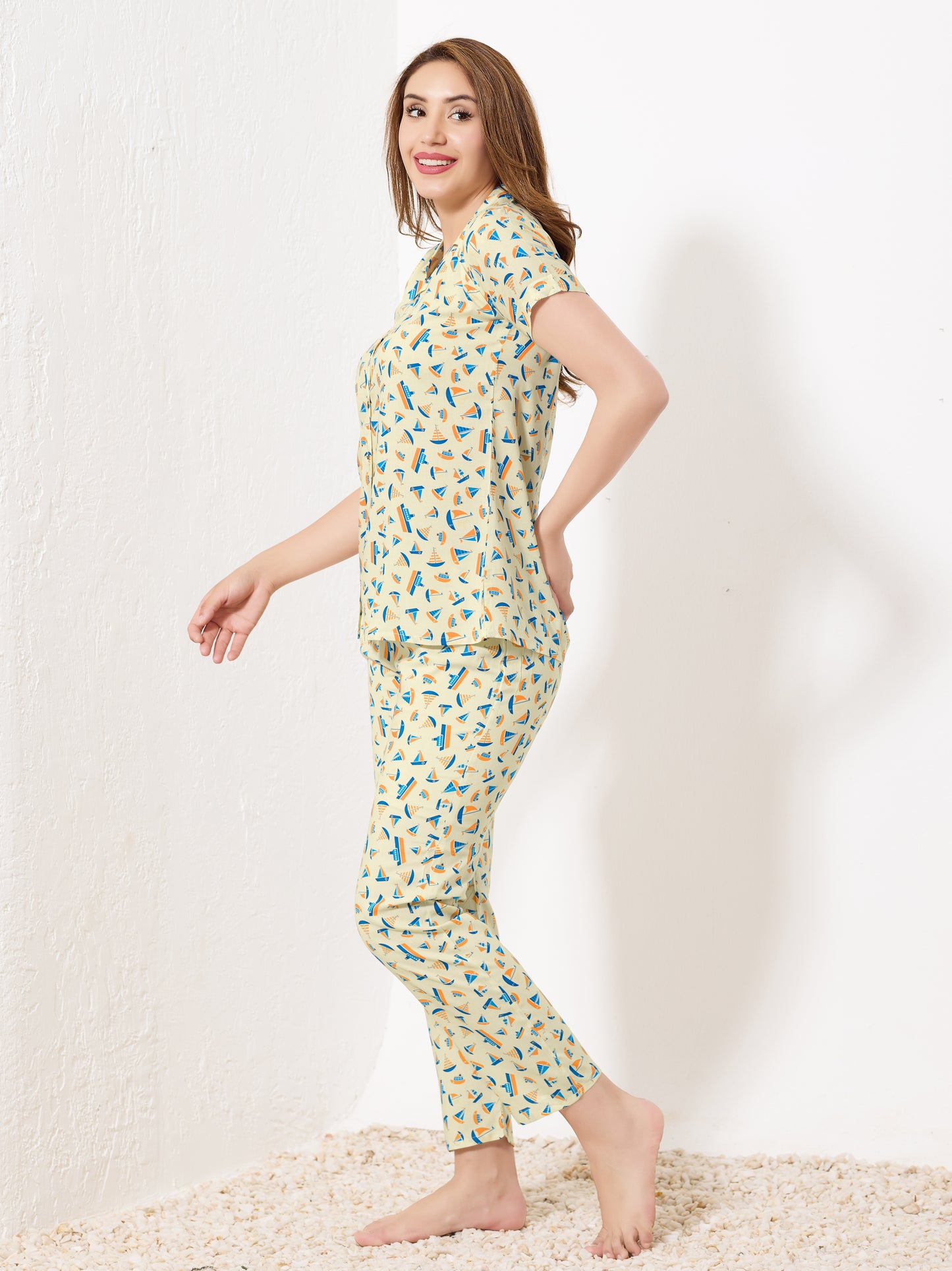 Light Yellow Printed Night Suit
