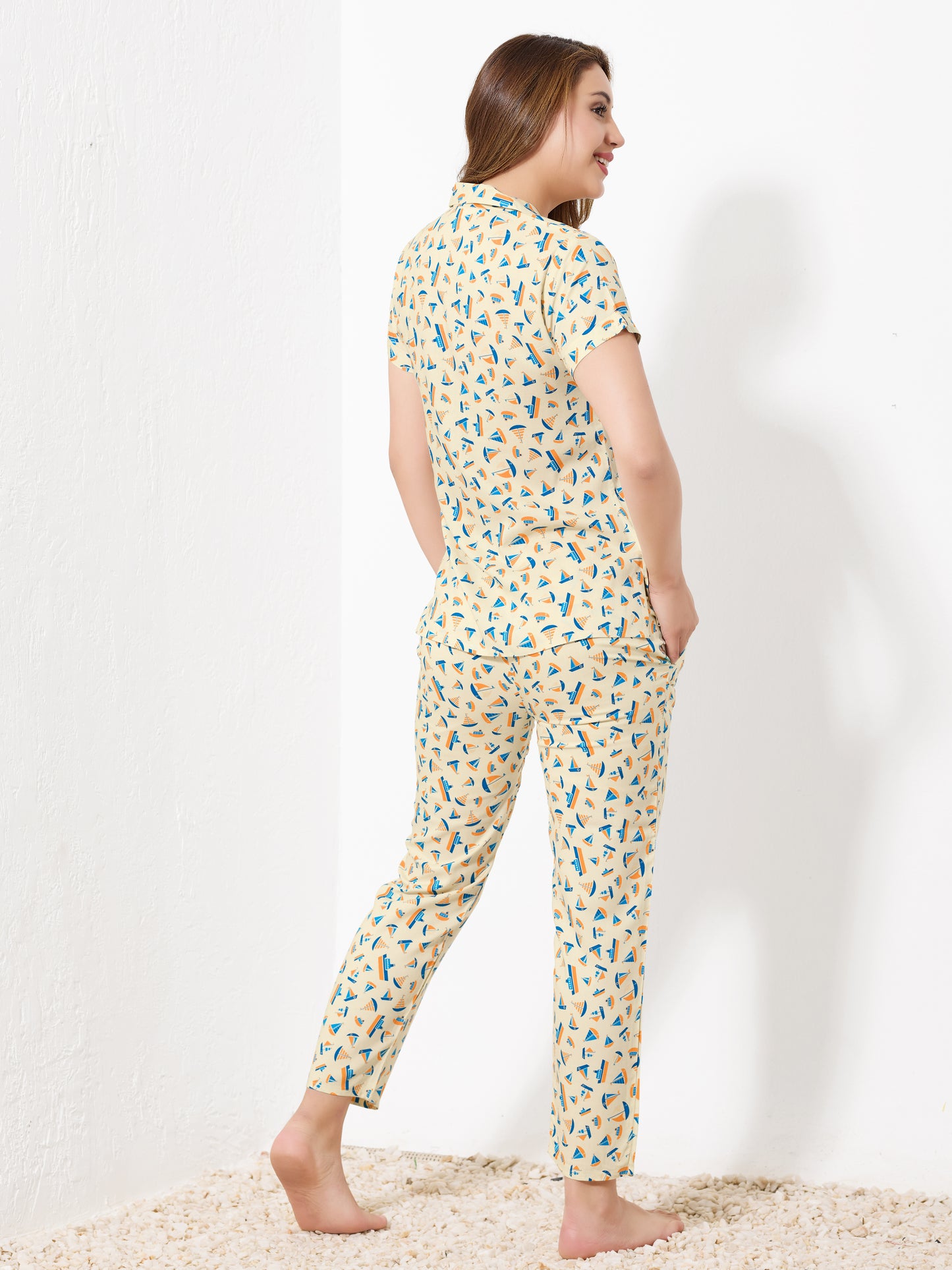 Light Yellow Printed Night Suit