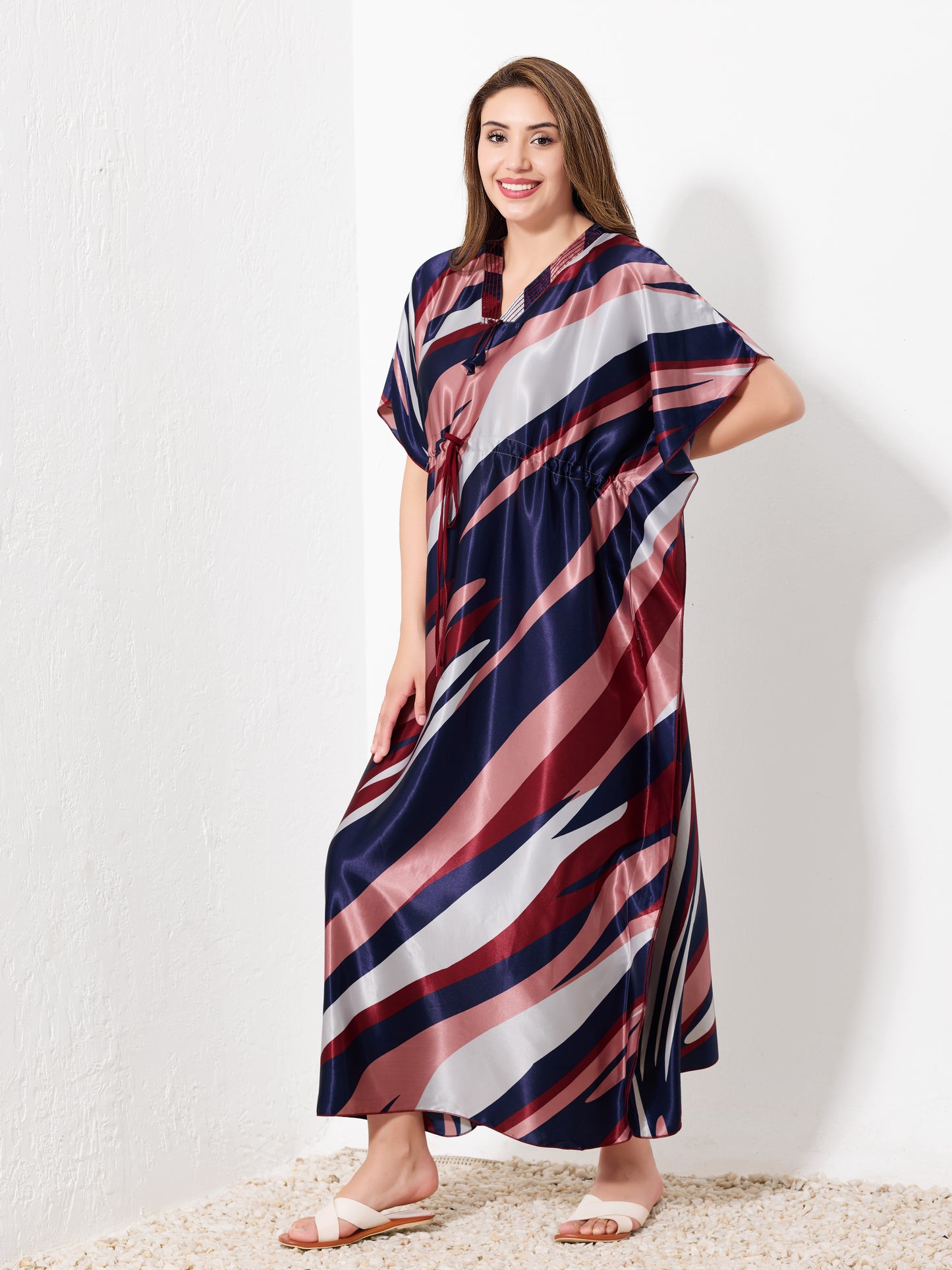 Navy, Rose & White Striped Kaftan