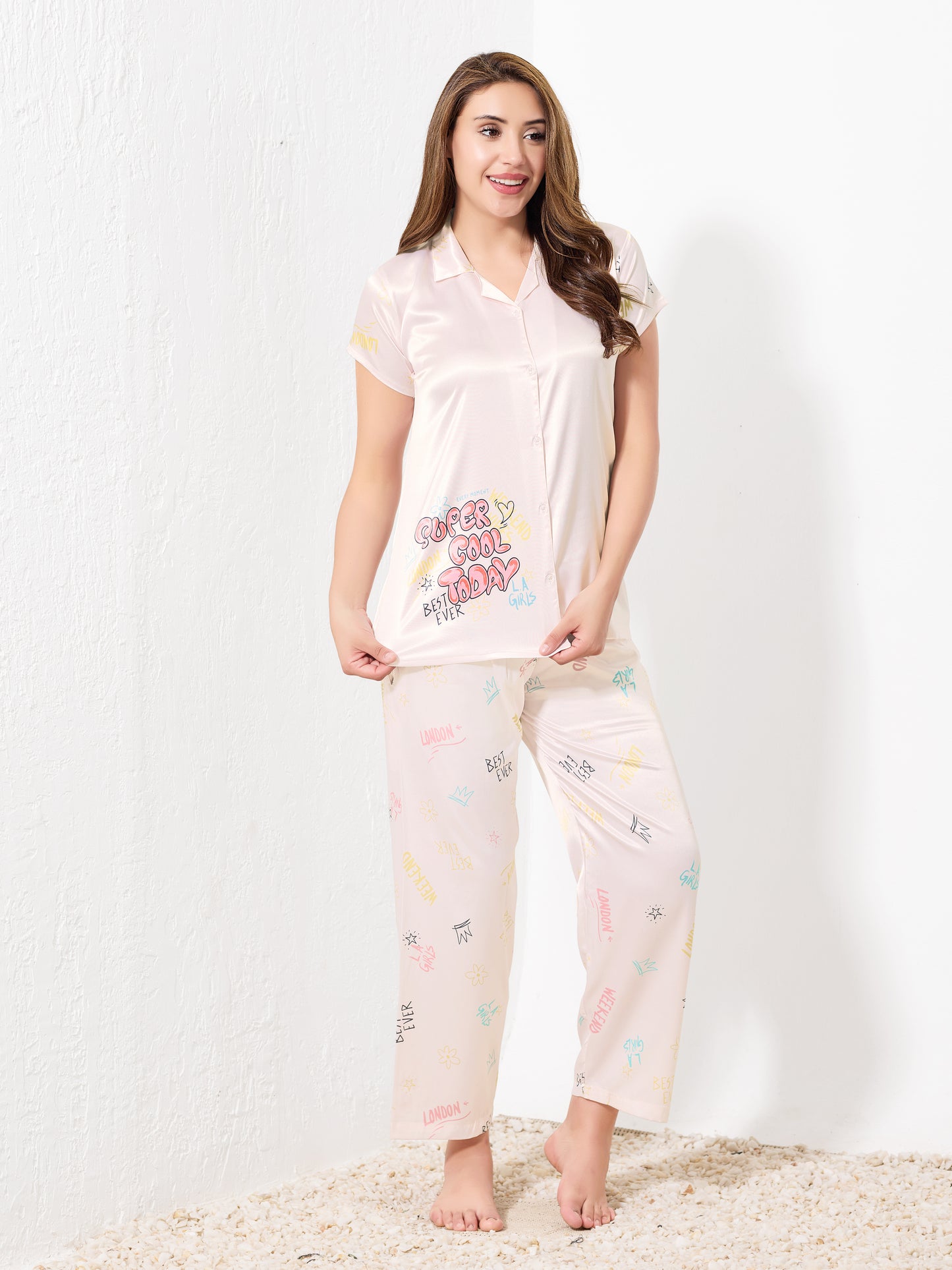 Misty Rose Satin 3pc Nightsuit