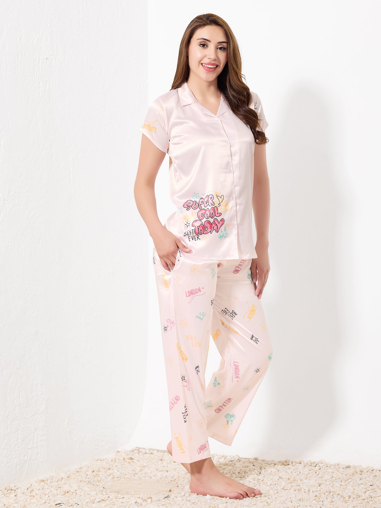 Misty Rose Satin 3pc Nightsuit