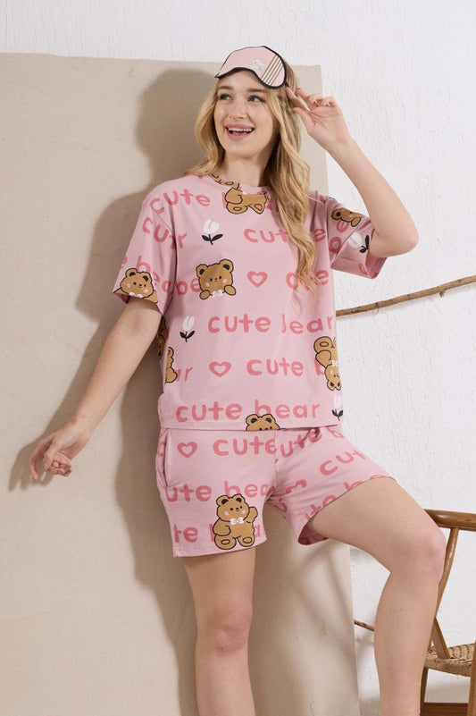Teddy Cuddles Light Pink Short Nightsuit Set