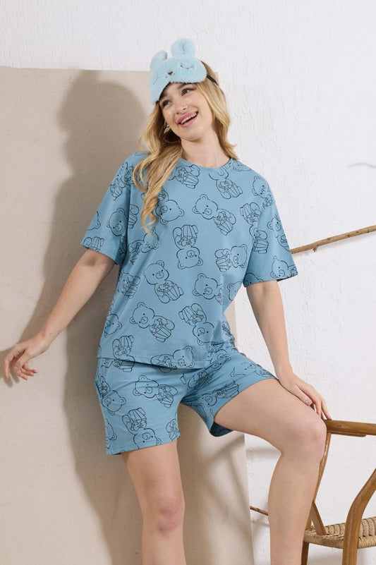 Light Blue Teddy Bear Print Short Nightsuit Set