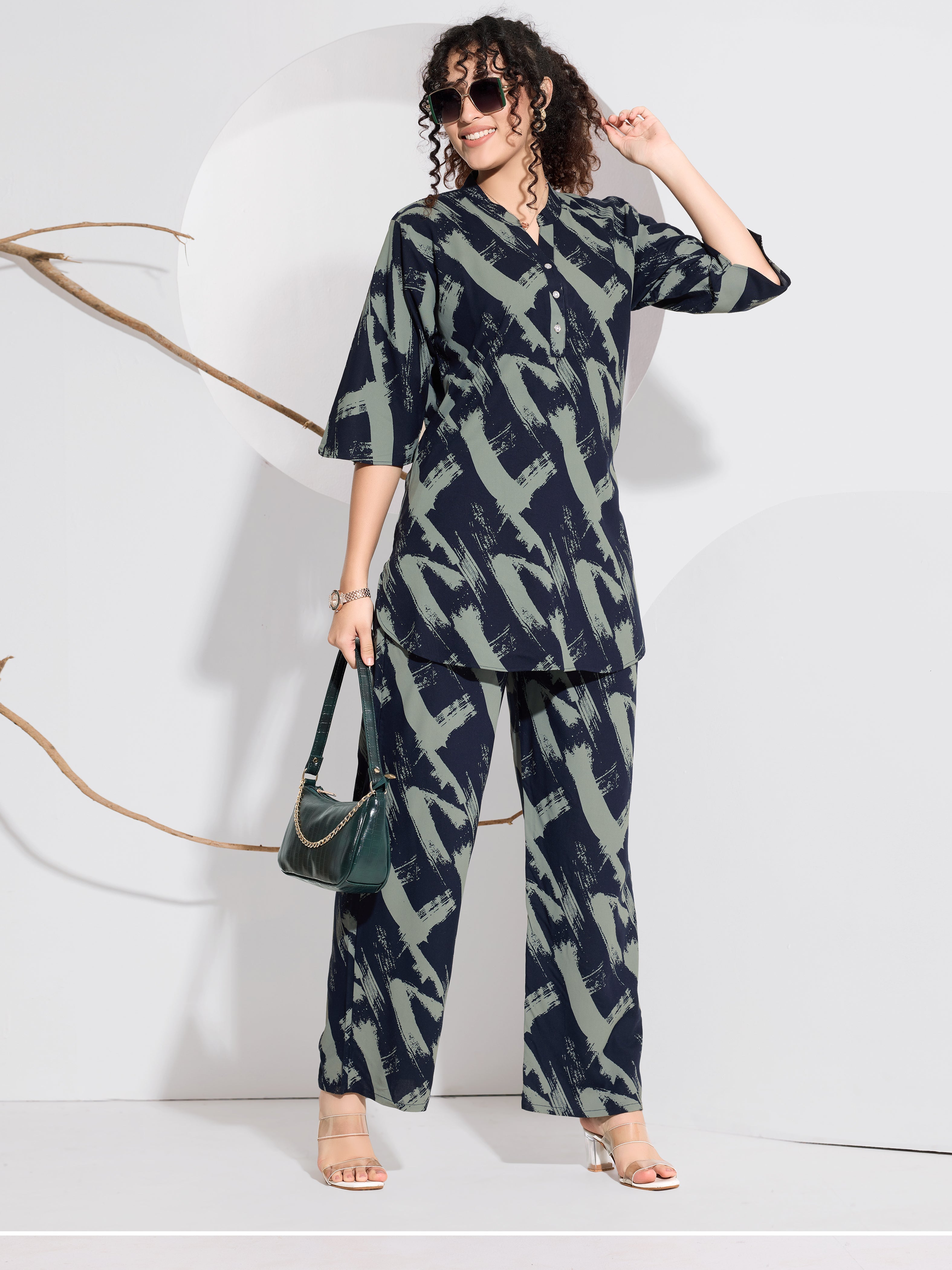 Navy & Sage Abstract Brushstroke Rayon Co-ord Set - Navy Blue & Sage Green Abstract Print | Wide-Leg Palazzo Pants | Collar Tunic Top