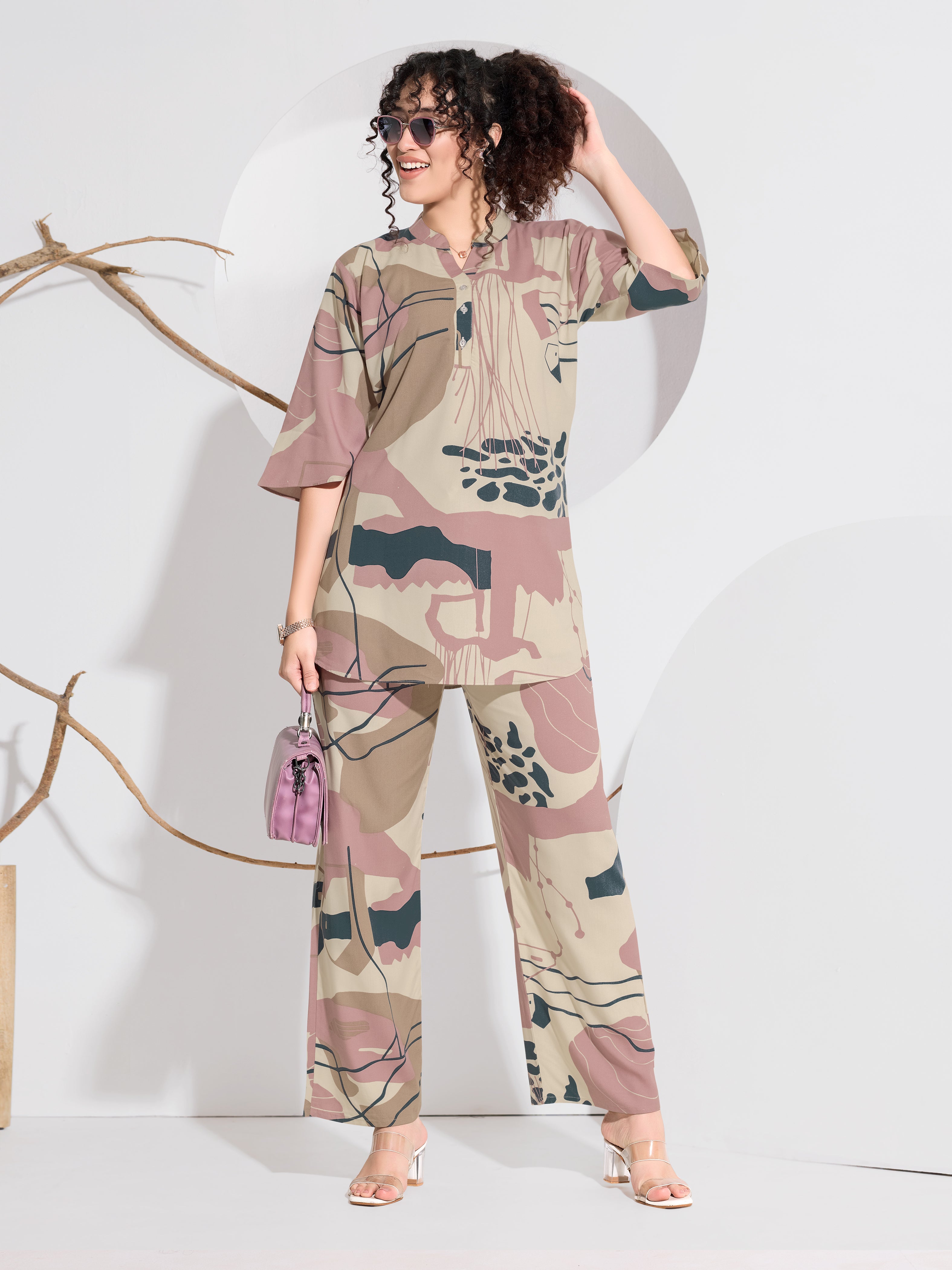 Beige & Pink Abstract Art Print Rayon Co-ord Set - Beige, Pink & Teal Abstract Art Print | Straight-Leg Pants | Collar Tunic Top