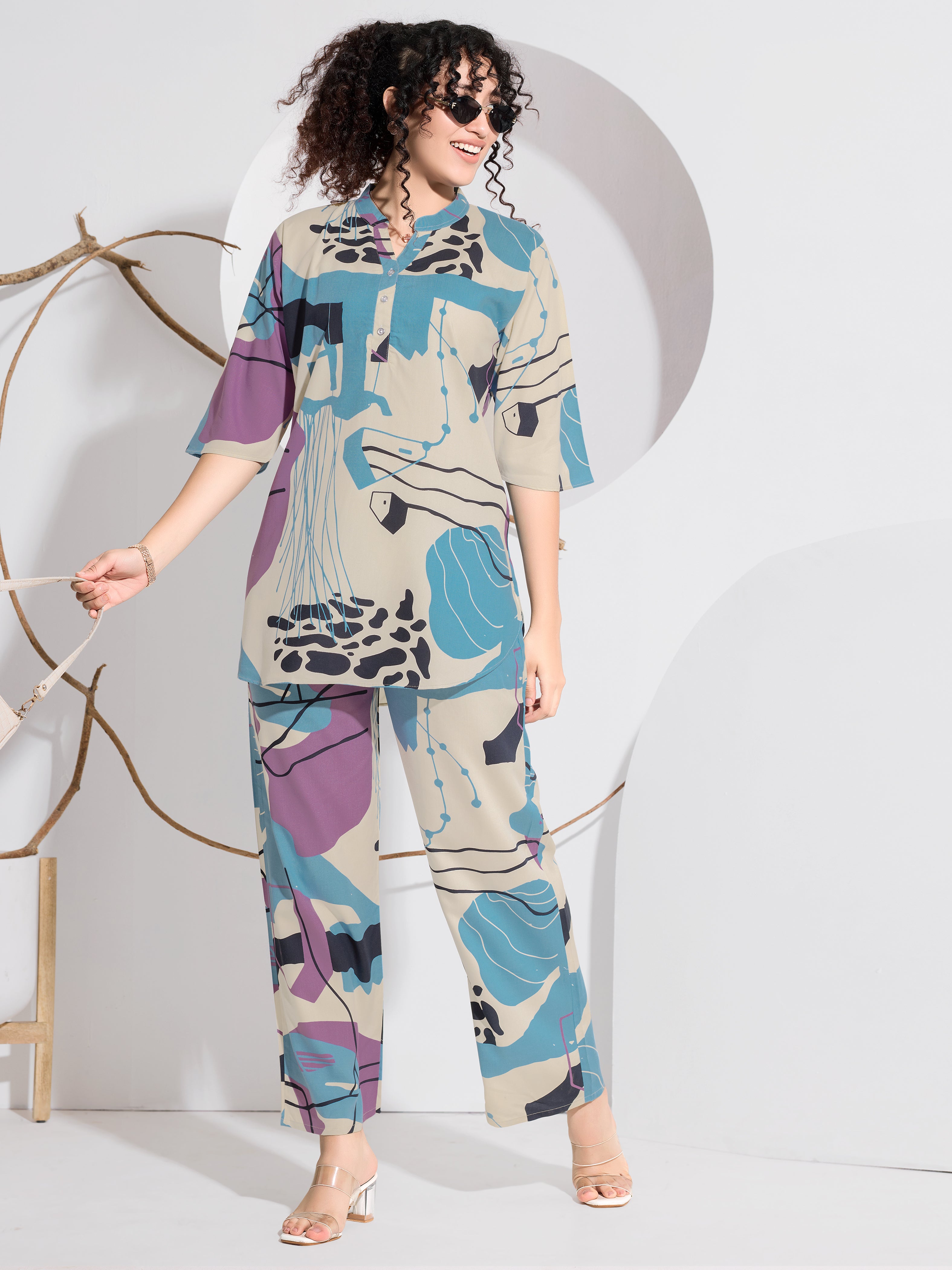 Teal & Purple Abstract Art Print Rayon Co-ord Set - Teal, Purple & Cream Abstract Art Print | Straight-Leg Pants | Collar Tunic Top