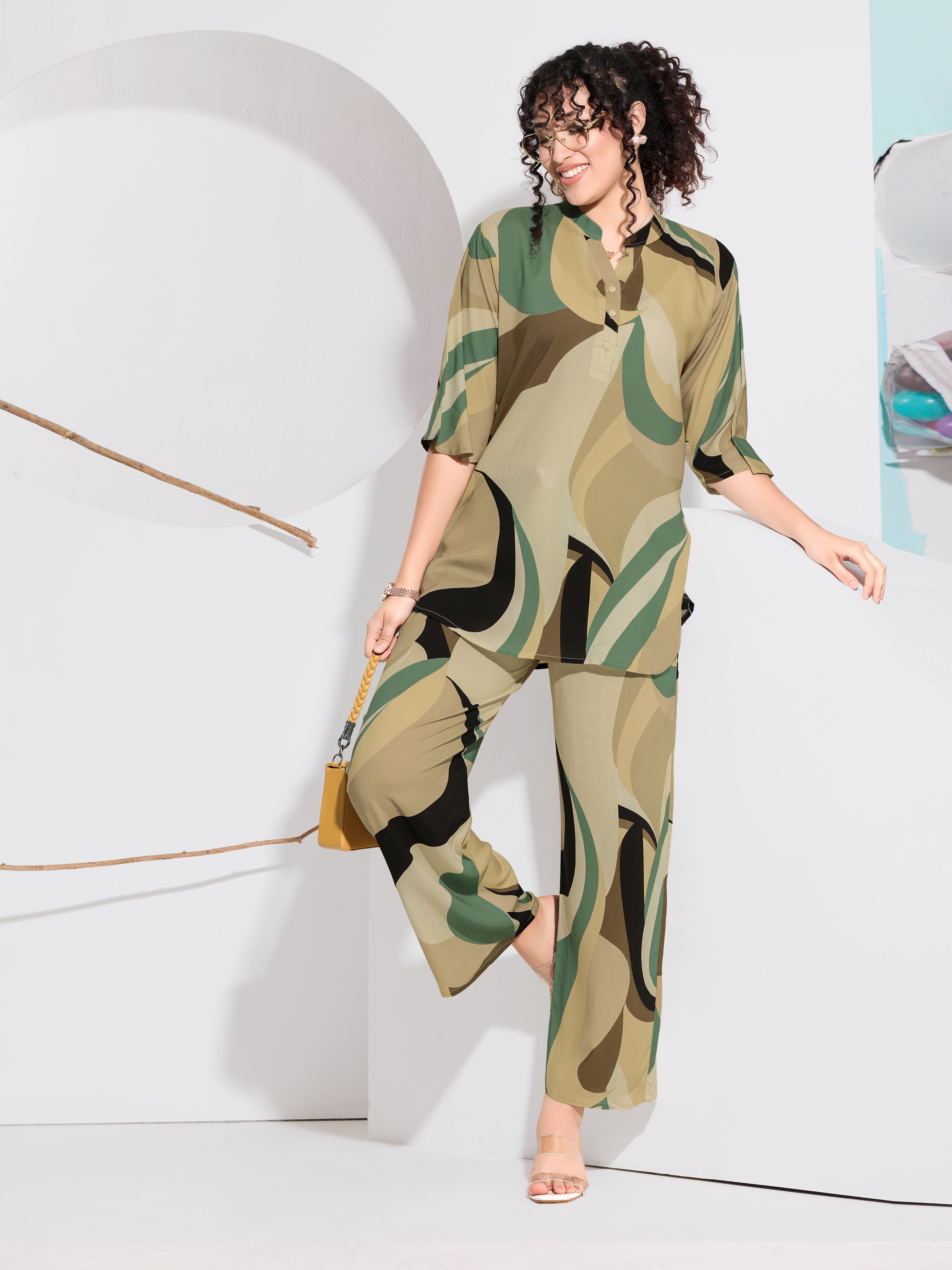 Olive & Green Abstract Leaf Print Rayon Co-ord Set - Olive Green & Green Abstract Leaf Print | Wide-Leg Palazzo Pants | Collar Tunic Top