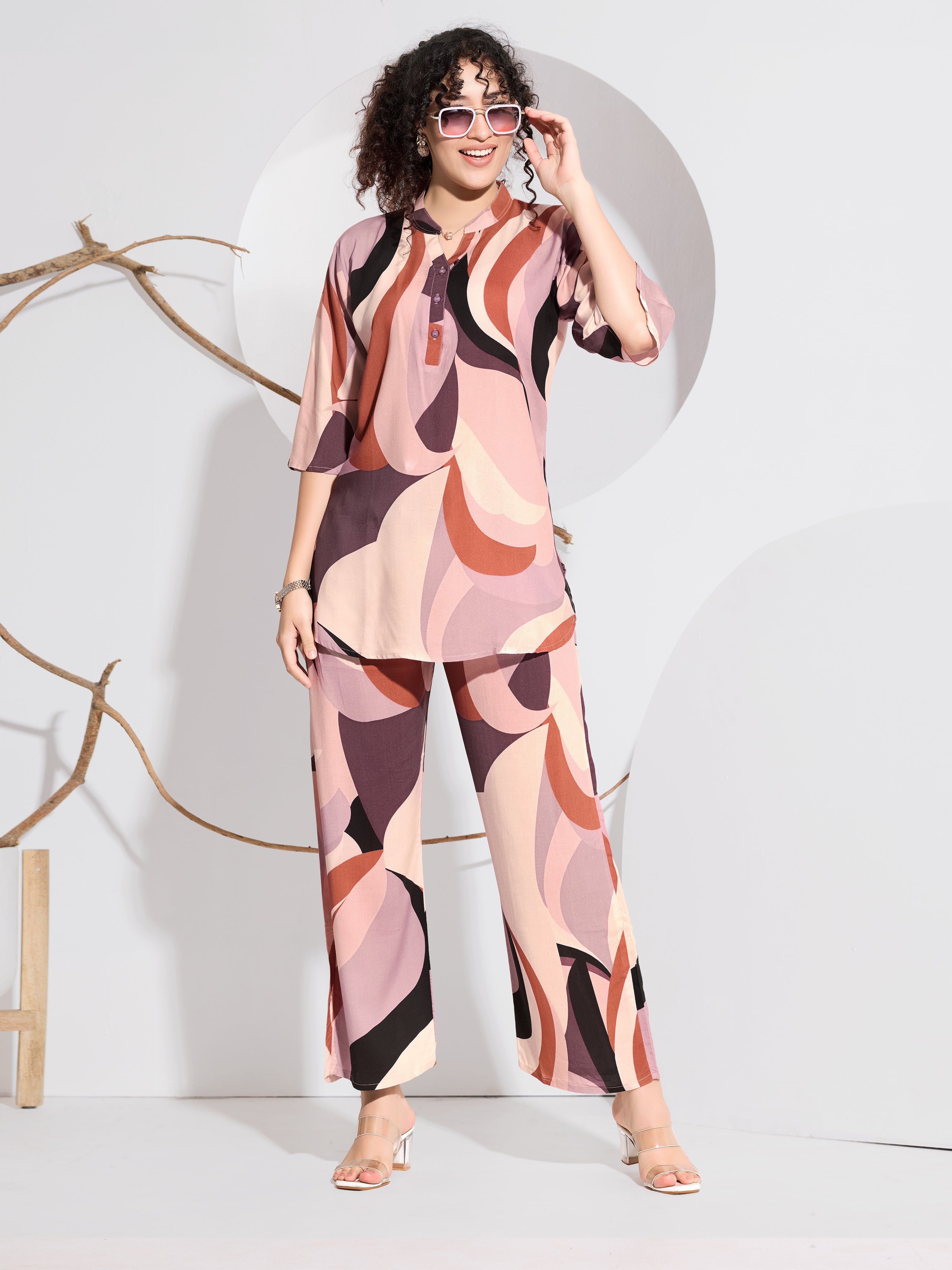 Blush & Rust Retro Wave Print Rayon Co-ord Set - Blush, Rust & Burgundy Retro Wave Print | Wide-Leg Palazzo Pants | Collar Tunic Top