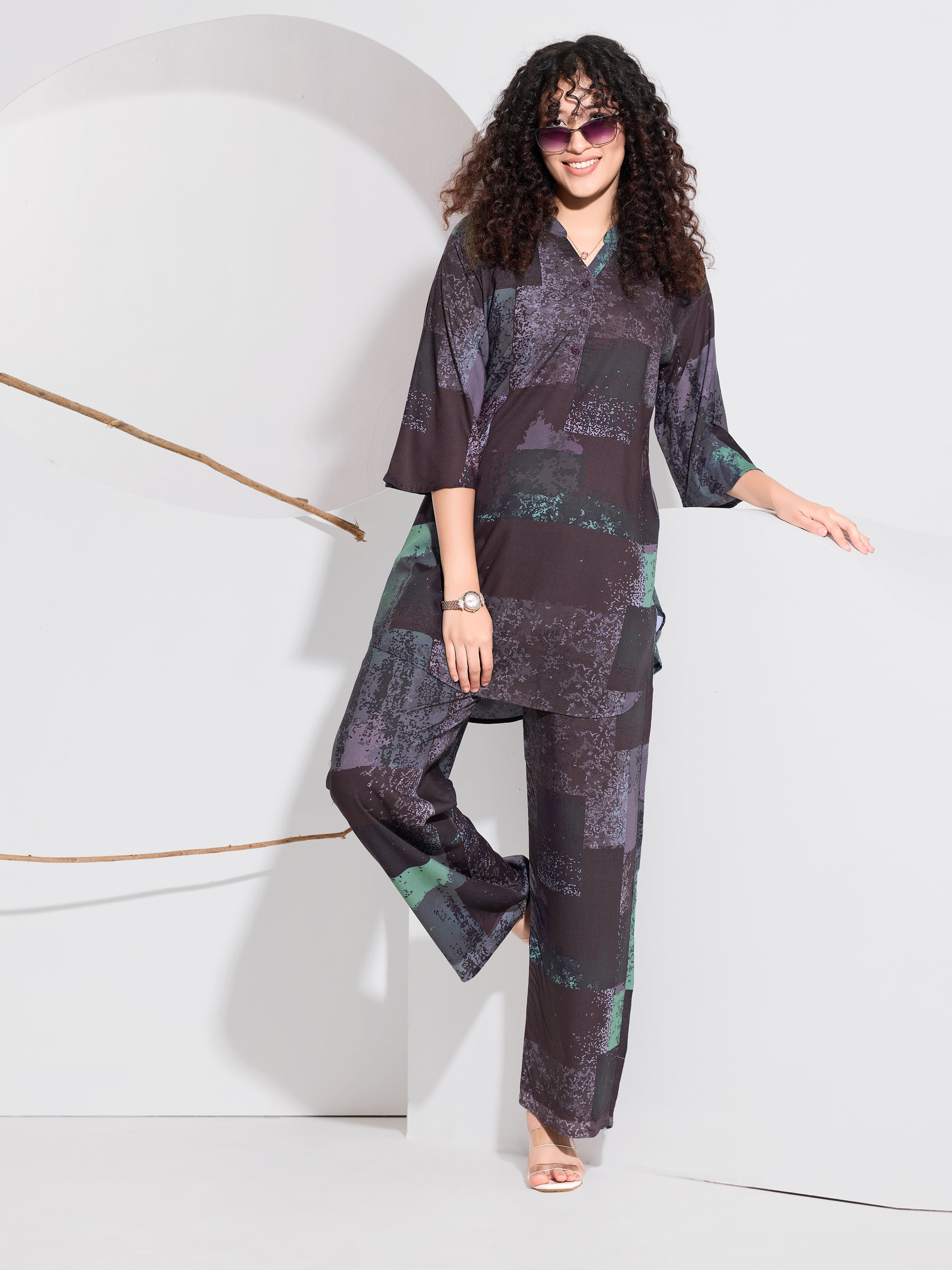 Midnight Mosaic Rayon Co-ord Set for Women - Dark Plum, Black & Teal Abstract Block Print | Wide-Leg Pants | Relaxed Tunic Top