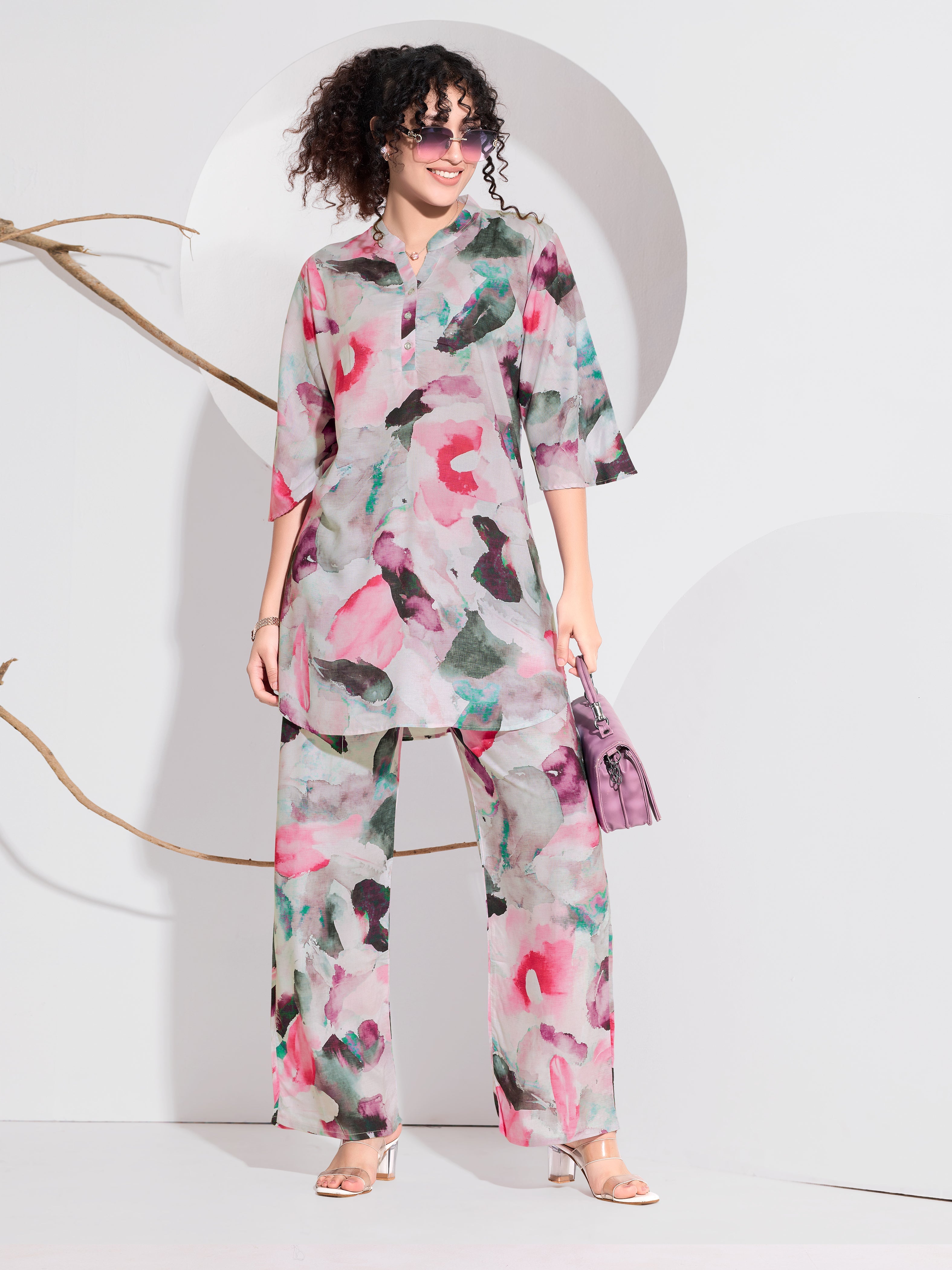 Petal Splash Watercolour Rayon Co-ord Set for Women - White Base with Pink, Fuchsia & Green Abstract Floral | Wide-Leg Pants | Tunic Top