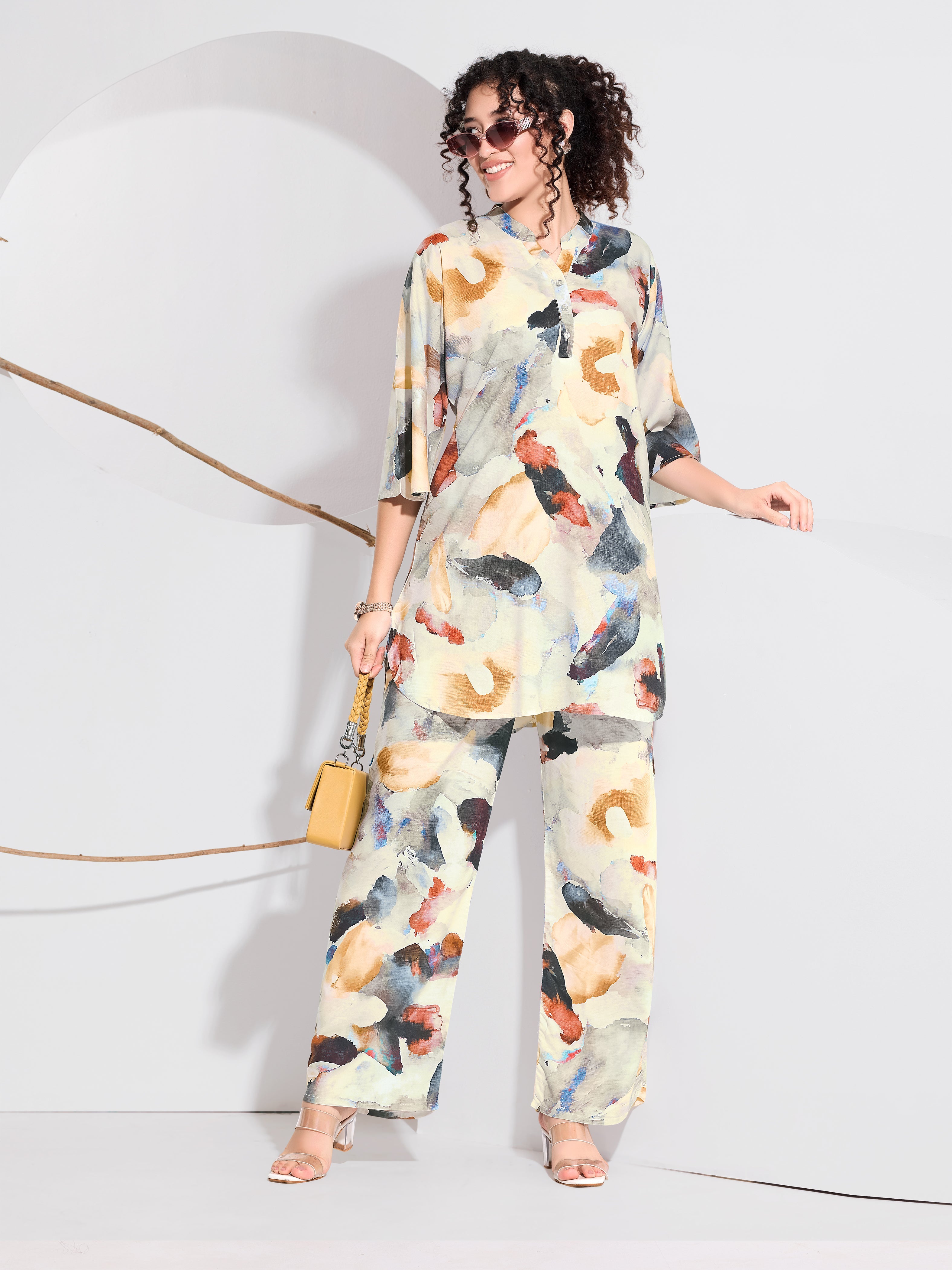 Canvas Bloom Watercolour Rayon Co-ord Set for Women - Cream Base with Rust, Gold & Teal Abstract Brushstroke | Wide-Leg Pants | Tunic Top