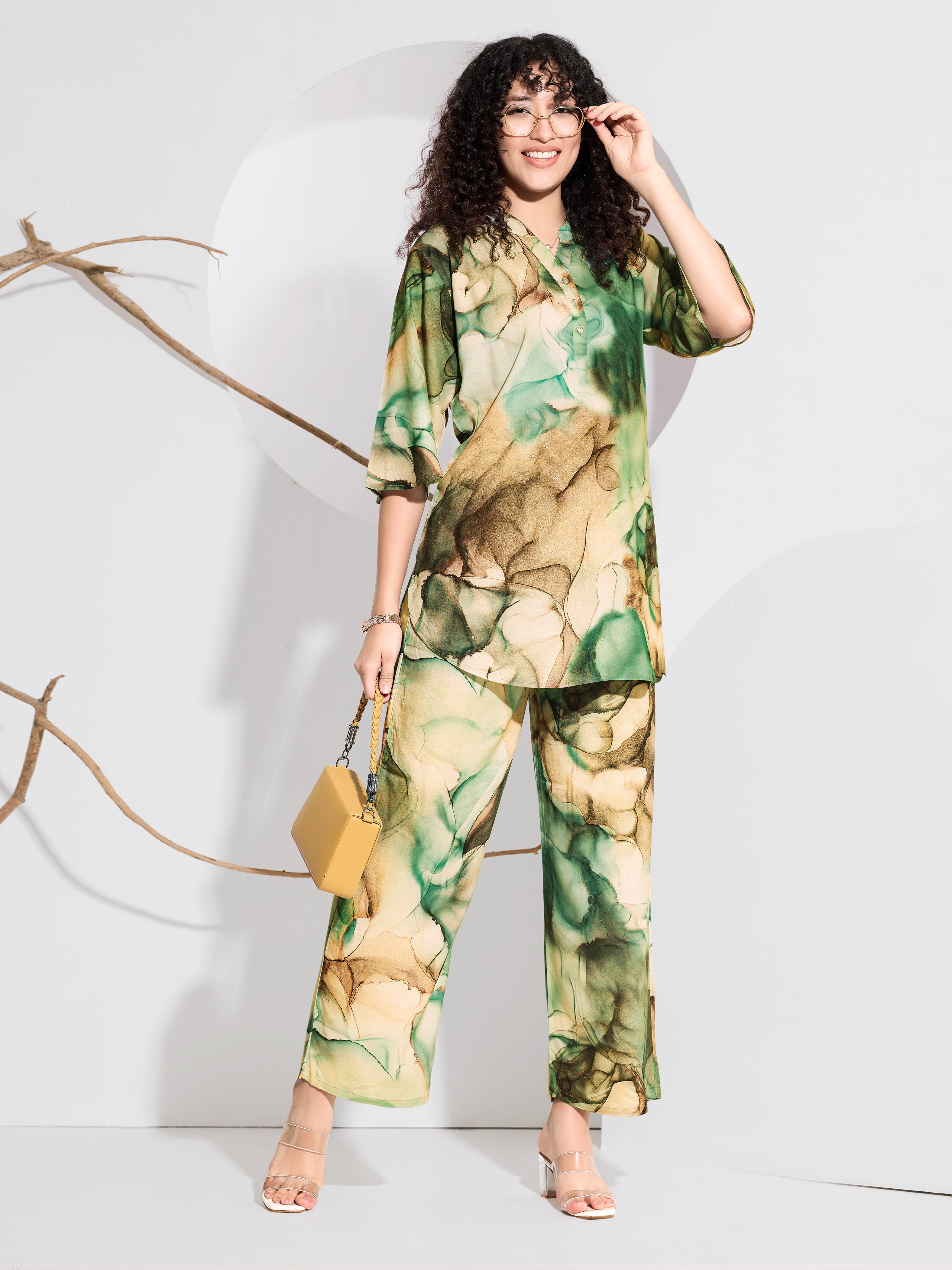 Emerald Ink Marble Rayon Co-ord Set for Women - Green & Golden Marble Ink Flow Print | Wide-Leg Pants | Tunic Top