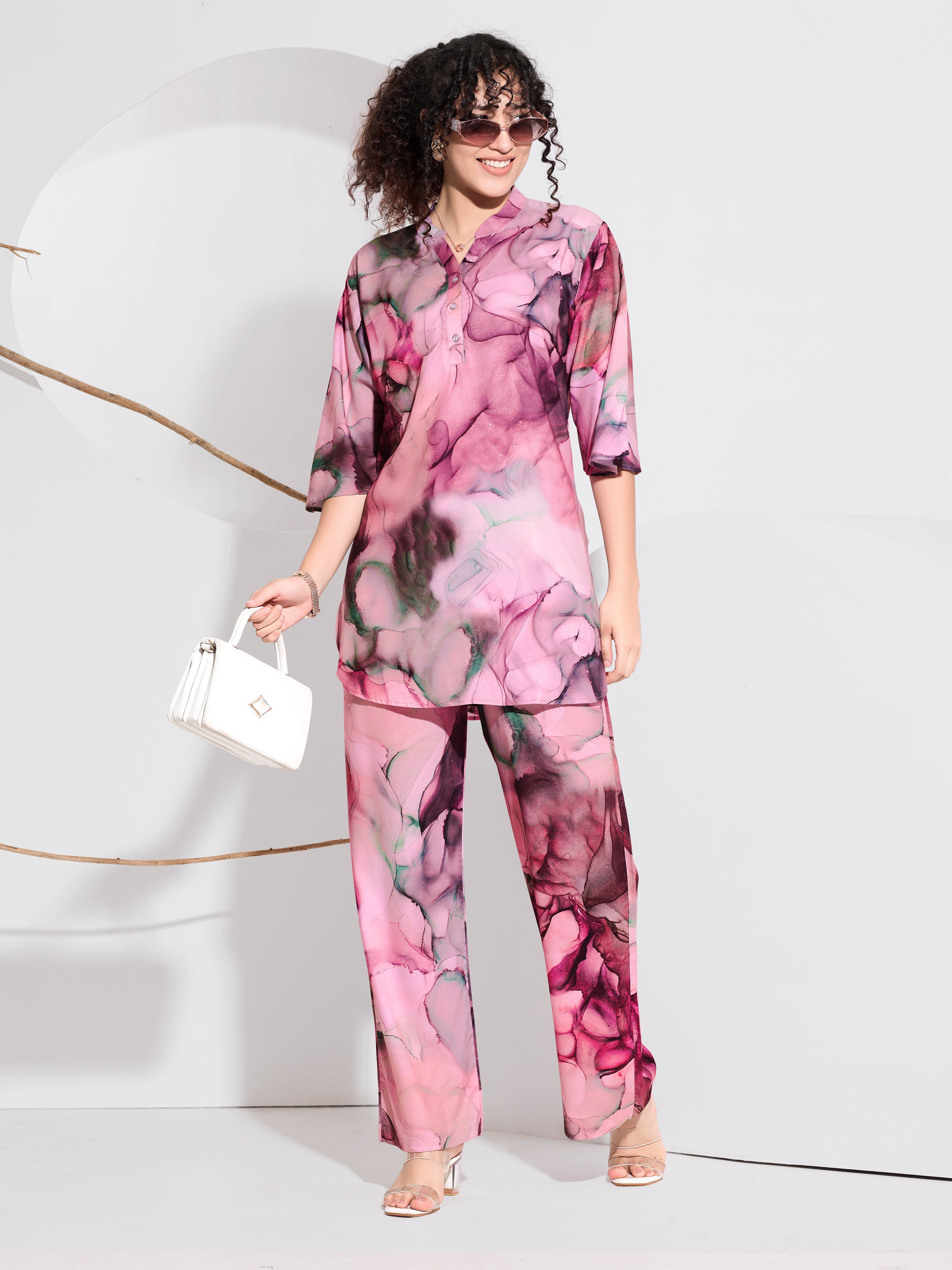 Rose Marble Flow Rayon Co-ord Set for Women - Blush Pink & Magenta Marble Ink Print | Wide-Leg Pants | Tunic Top