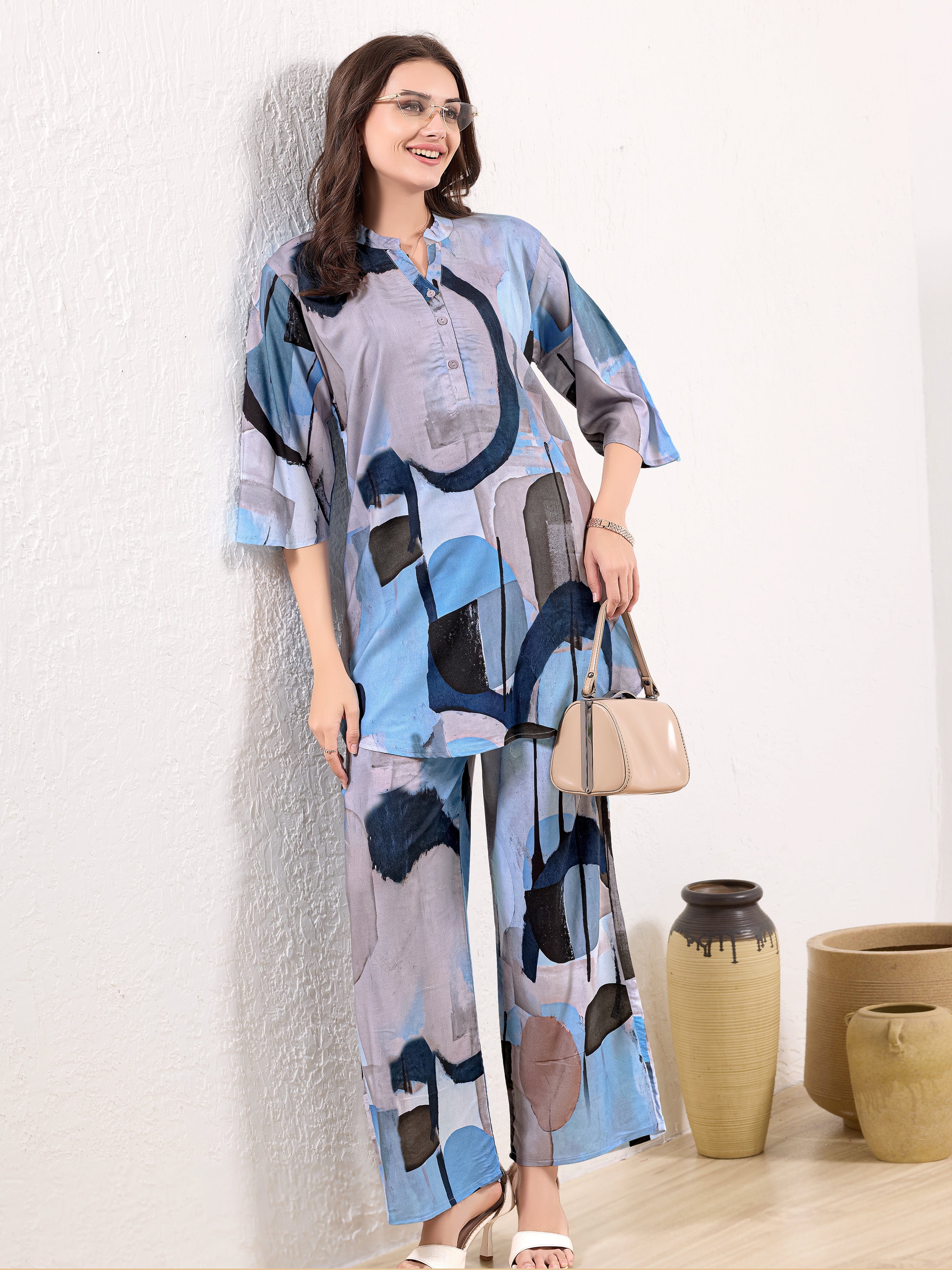 Steel Canvas Abstract Rayon Co-ord Set for Women - Steel Blue, Grey & Navy Abstract Geometric Print | Wide-Leg Pants | Tunic Top