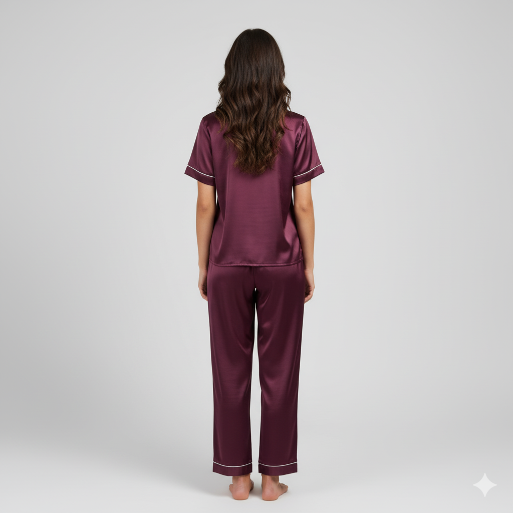 Back view of purple solid satin pajama set showing relaxed fit and silky texture