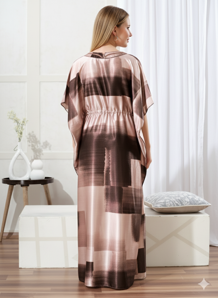 Brown & Beige Abstract Satin Kaftan