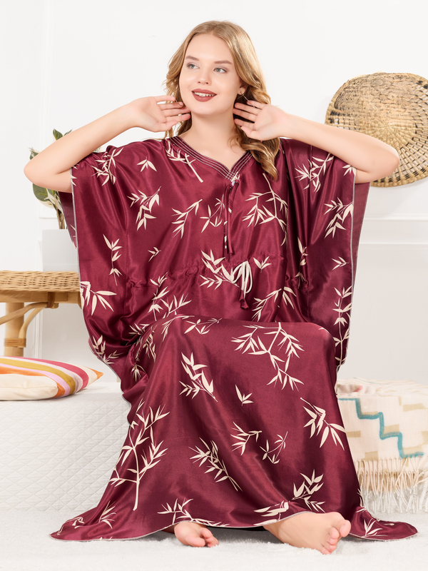 Wine red satin kaftan for women with leaf print, front view