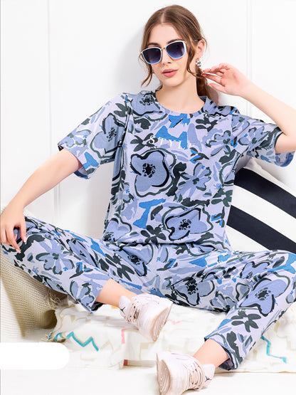 Blue Abstract Round Neck Nightsuit