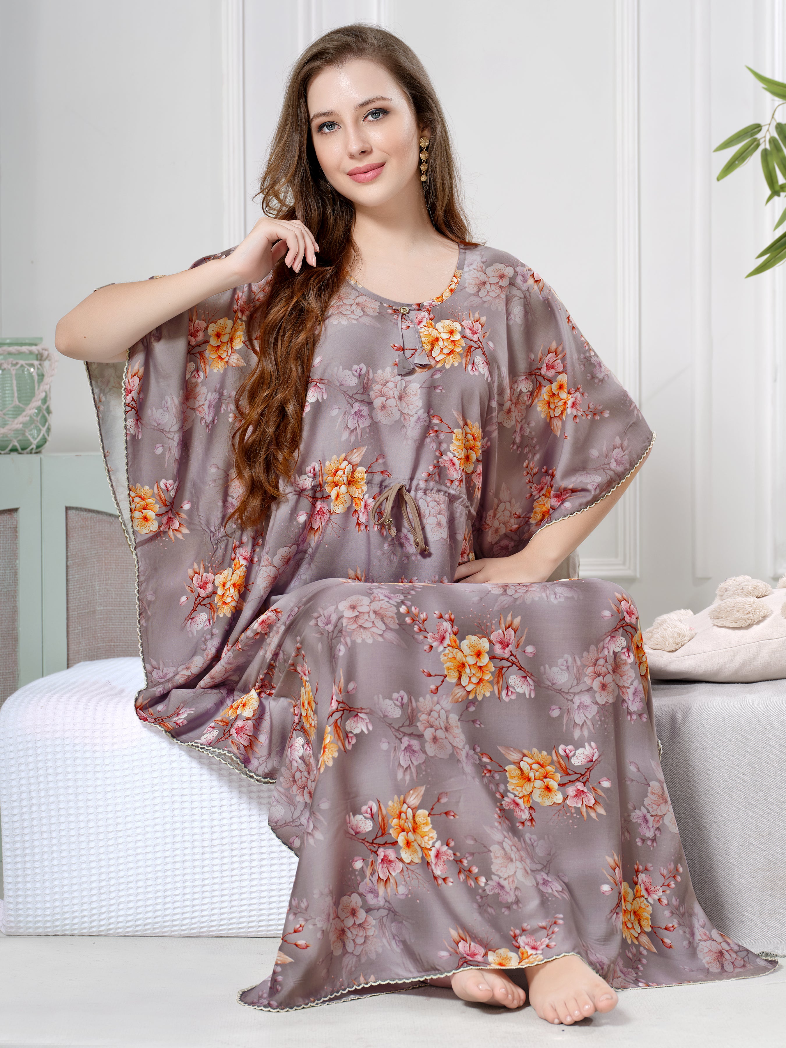 Floral Print Premium Cotton Kaftan for Women in Taupe Grey