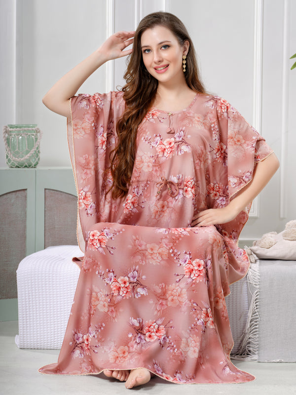 Floral Print Rayon Malai Kaftan for Women in Blush Peach