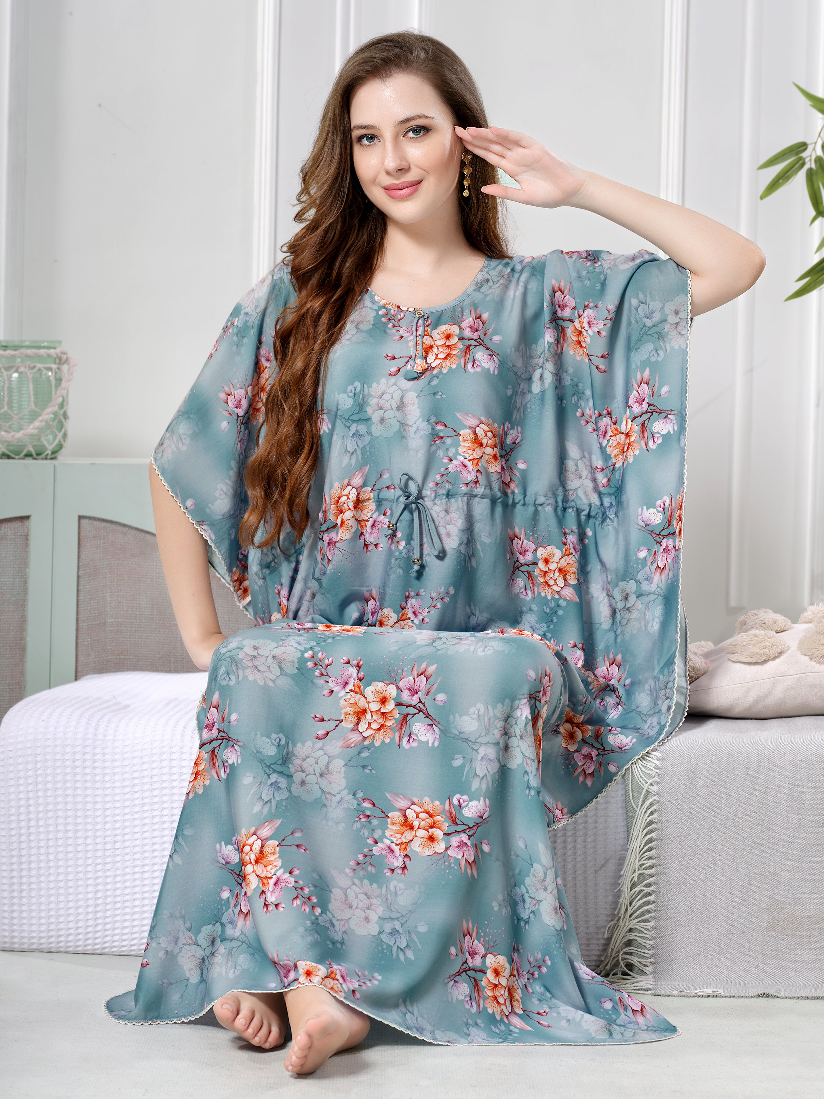 Floral Print Premium Cotton Kaftan for Women in Sea Green