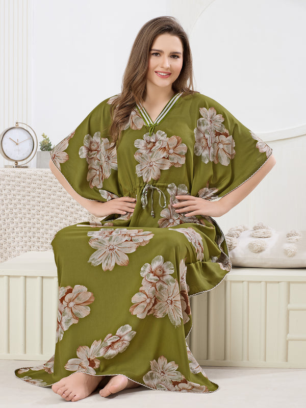 Floral Print Rayon Malai Kaftan for Women in Olive Green