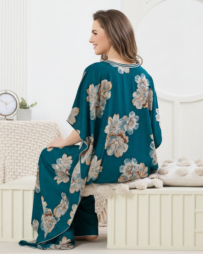 Floral Print Premium Cotton Kaftan for Women in Teal Green