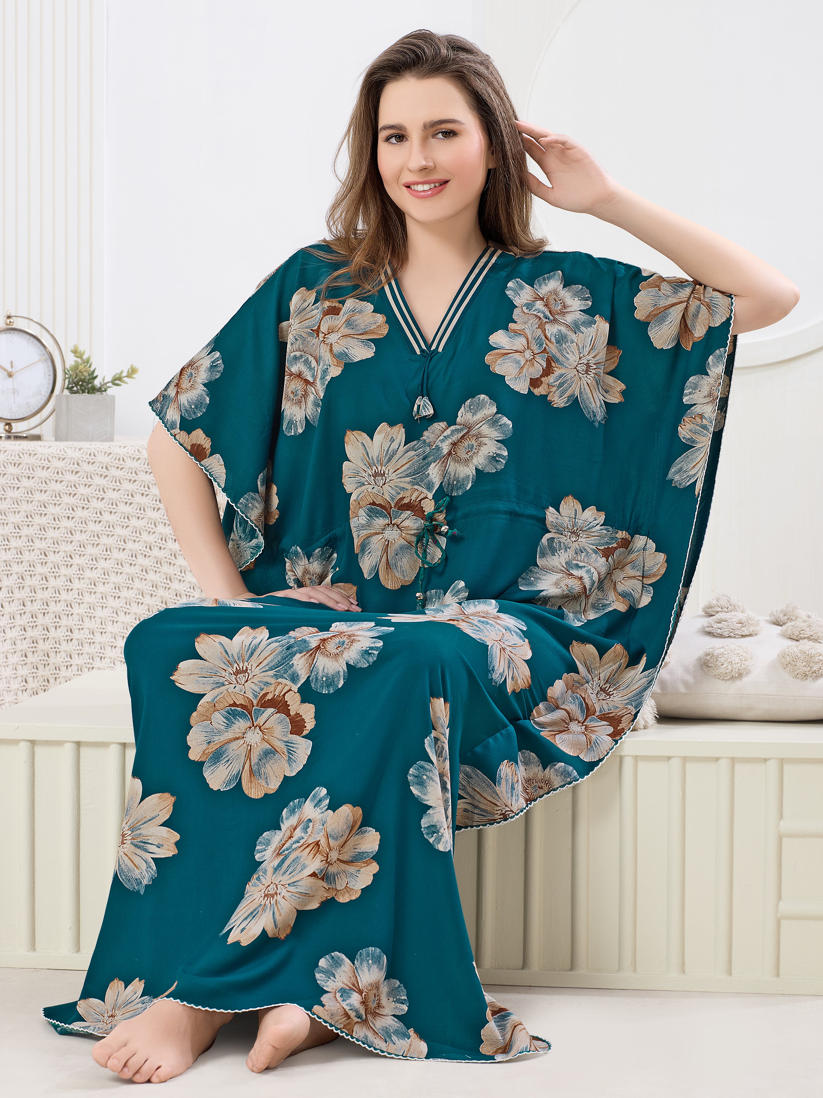 Floral Print Premium Cotton Kaftan for Women in Teal Green