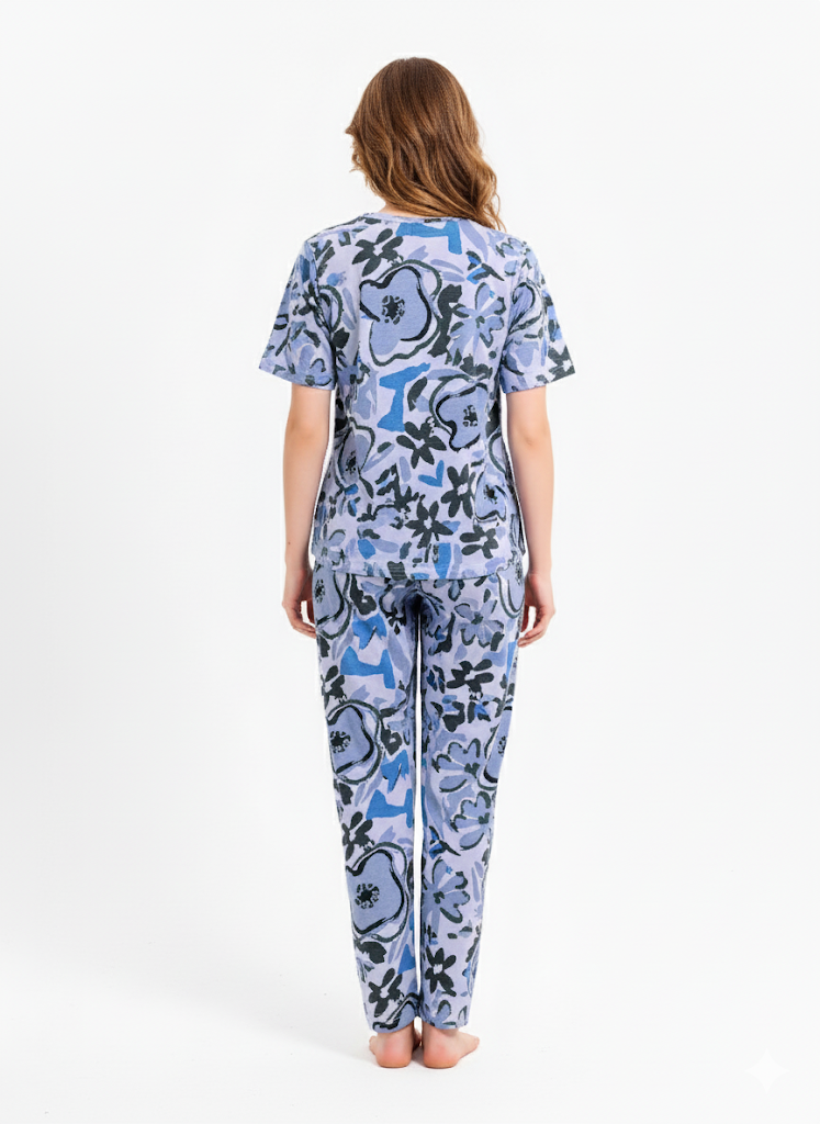 Blue Abstract Round Neck Nightsuit - Priincezz Nightwear