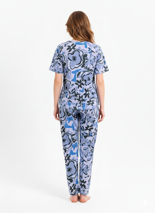 Blue Abstract Round Neck Nightsuit