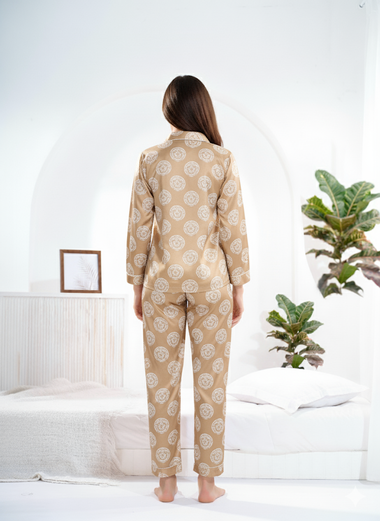 Golden Satin Printed Collar Nightsuit - Priincezz Nightwear